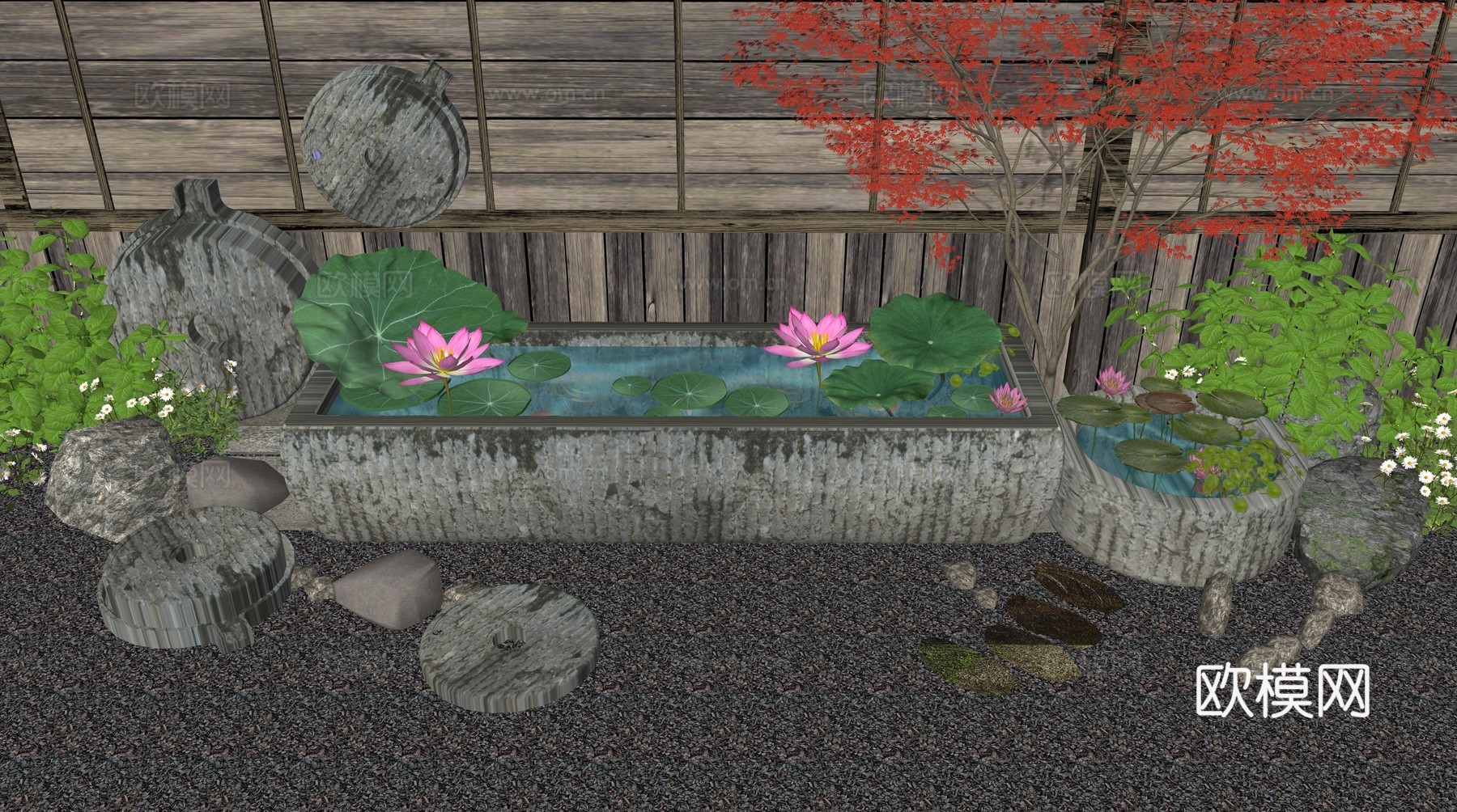 新中式庭院小品 庭院特色石槽水景 石槽石臼水景小品 石磨庭院su模型