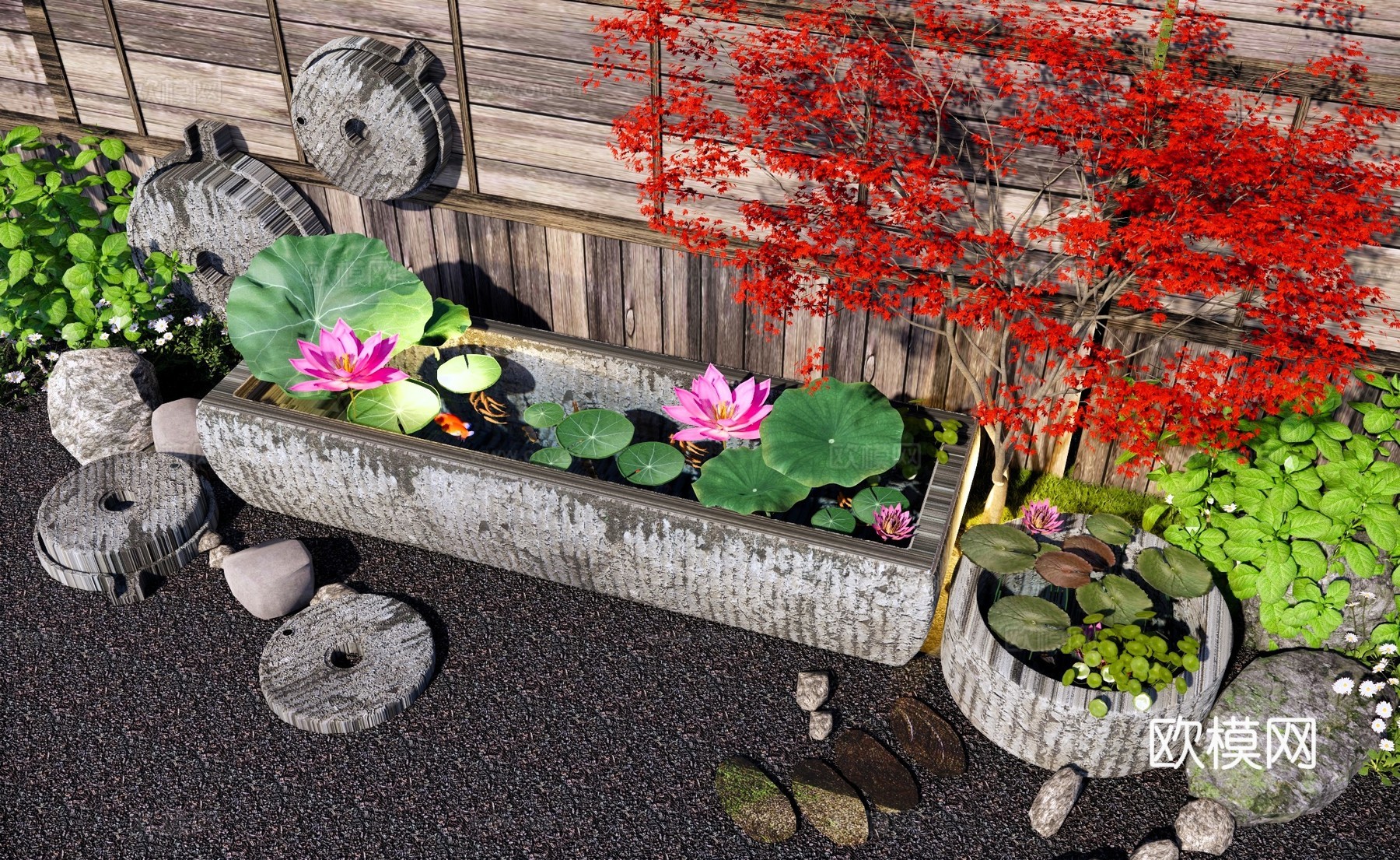 新中式庭院小品 庭院特色石槽水景 石槽石臼水景小品 石磨庭院su模型