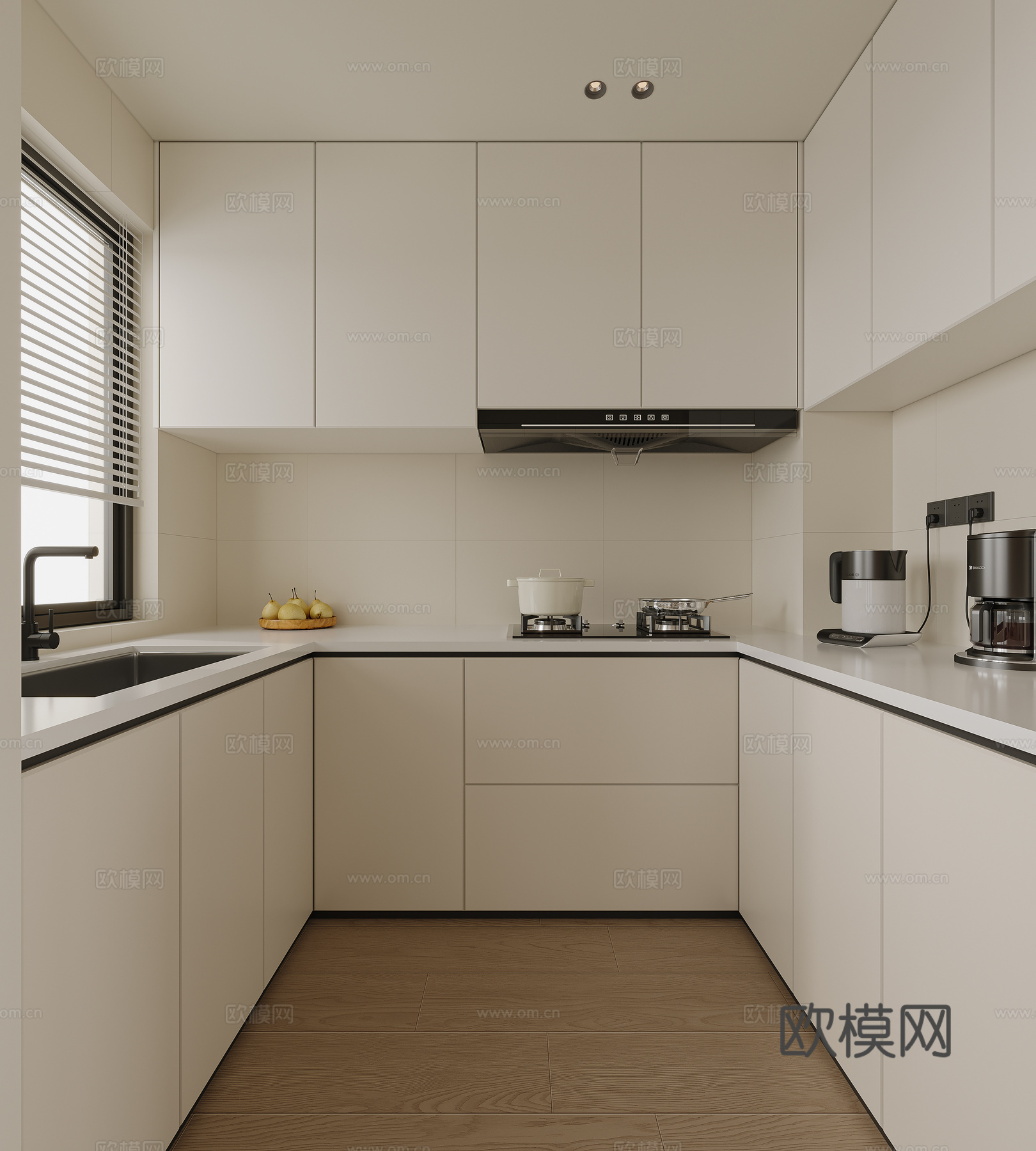 现代奶油风U型厨房3d模型