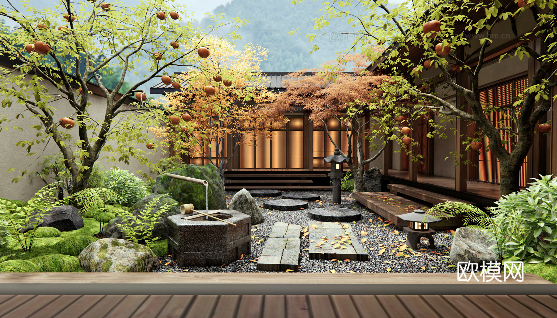 新中式禅意庭院景观 柿子树 枯山水 石板汀步 水景 植物组合su模型