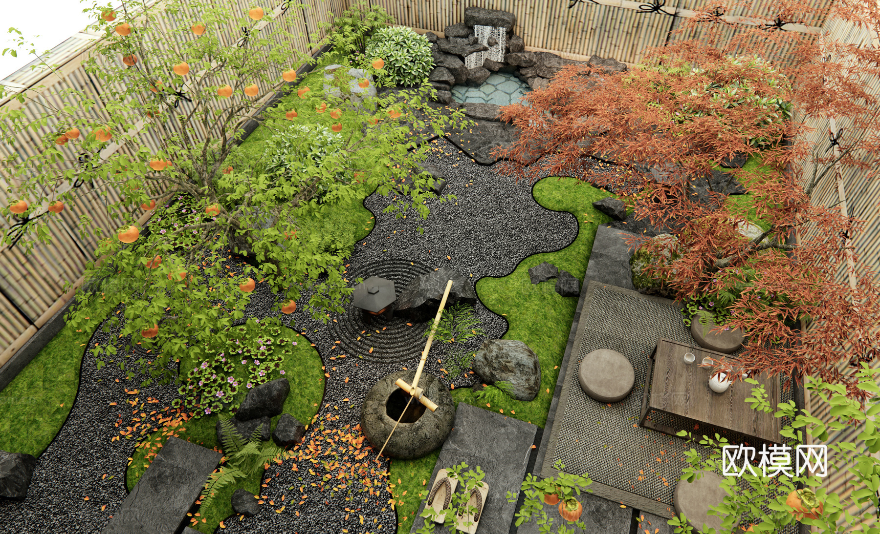 日式禅意庭院景观 假山水景 植物景观造景 景观石头 花草su模型