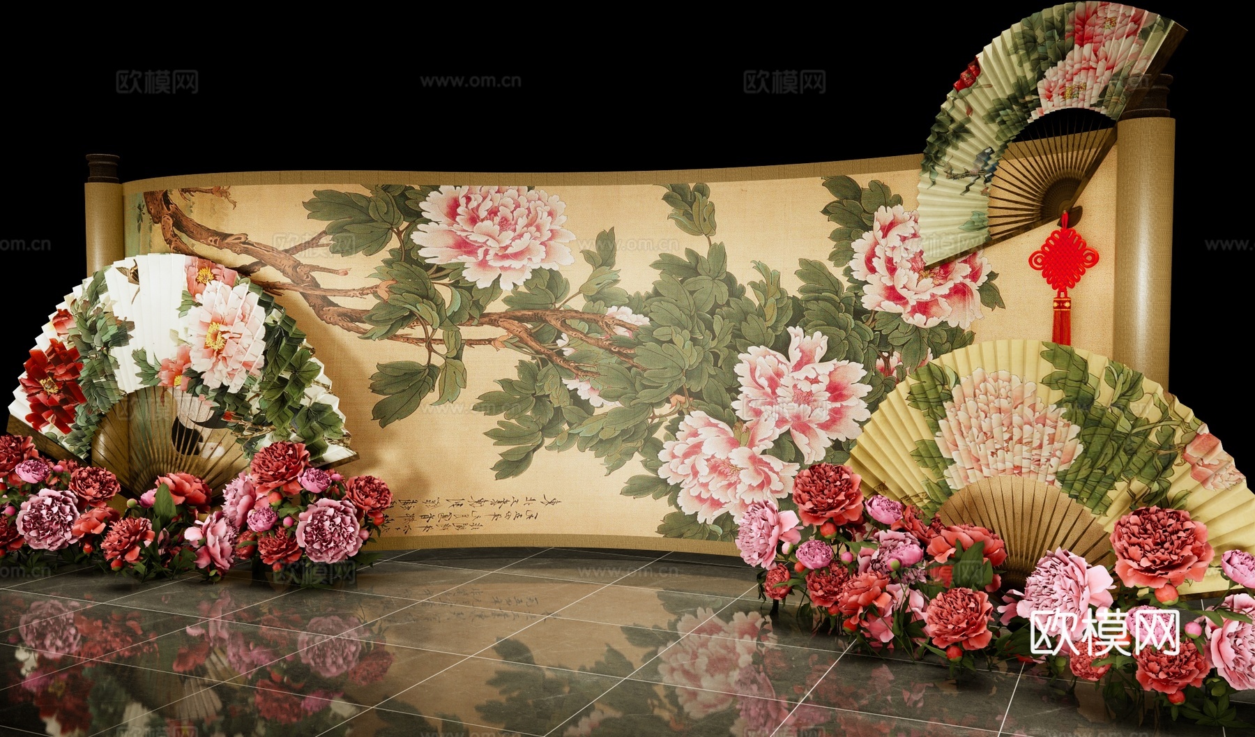 新中式美陈 中式创意画轴美陈 国潮牡丹花美陈 中式折扇美陈装su模型