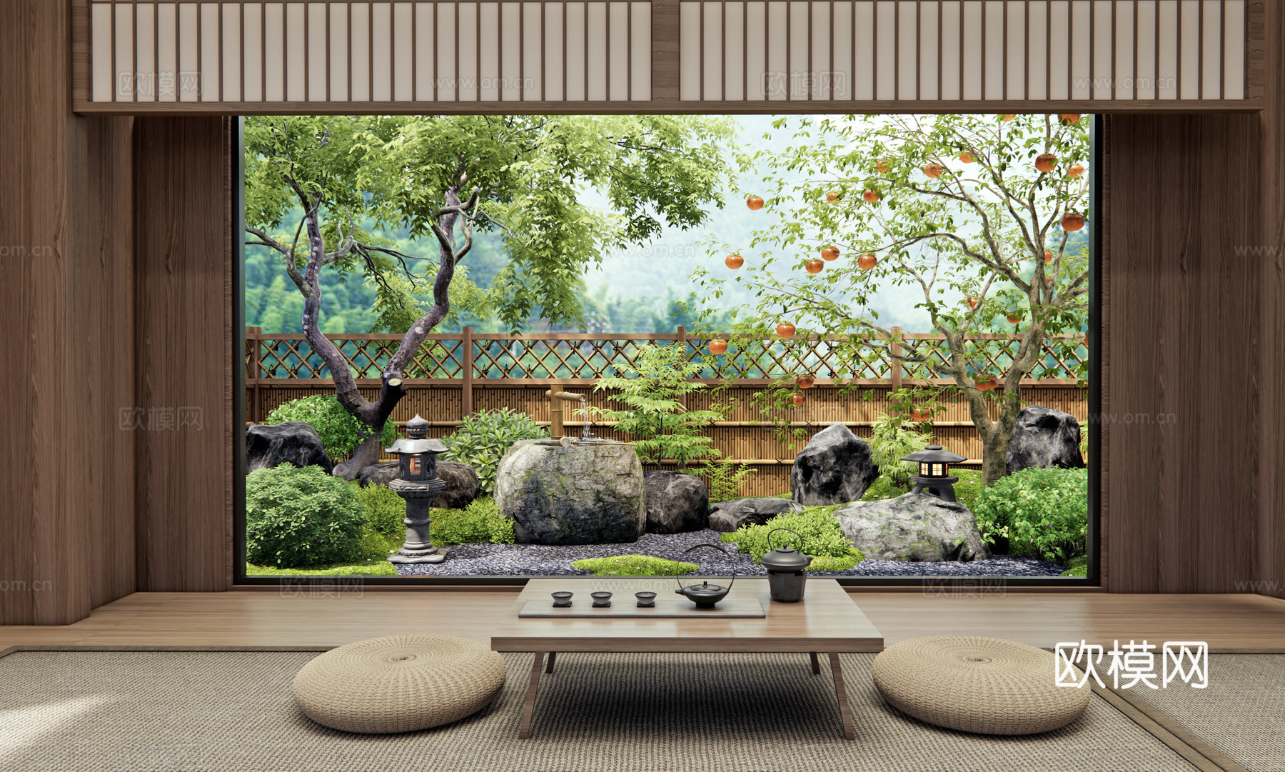 日式禅意庭院景观 枯山水 景观石头 水钵水景 灌木 景观树su模型
