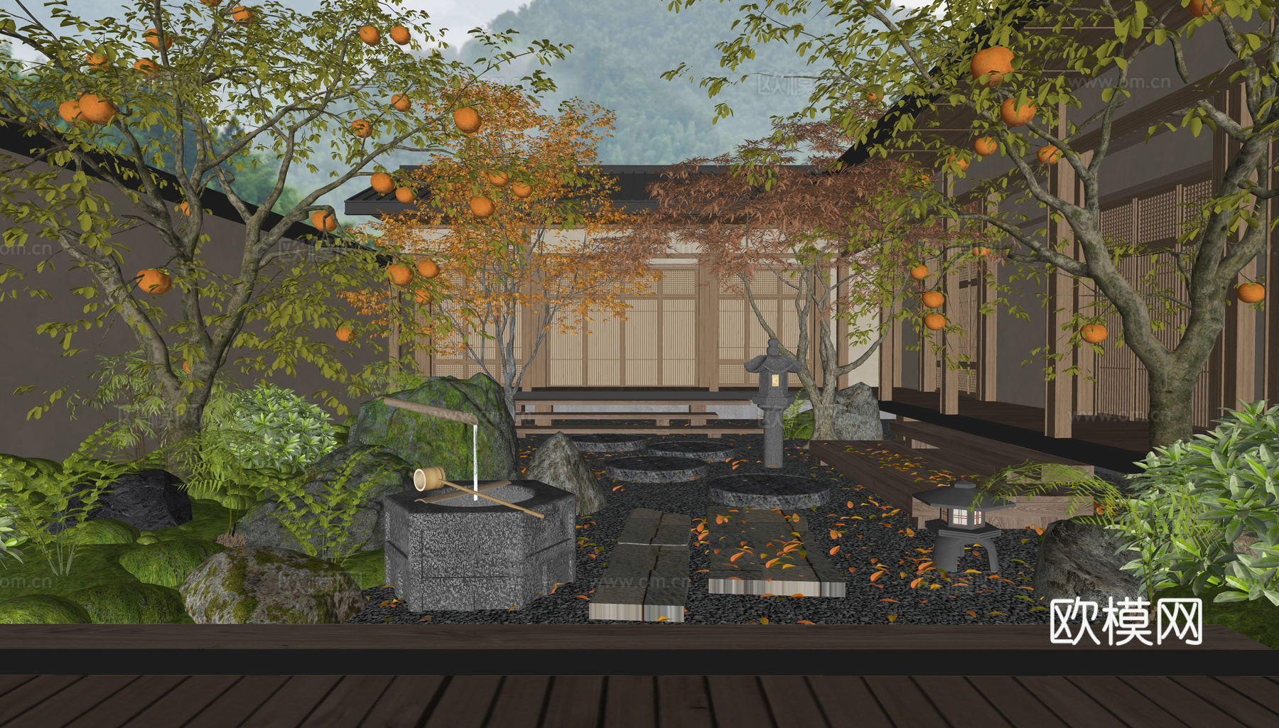 新中式禅意庭院景观 柿子树 枯山水 石板汀步 水景 植物组合su模型