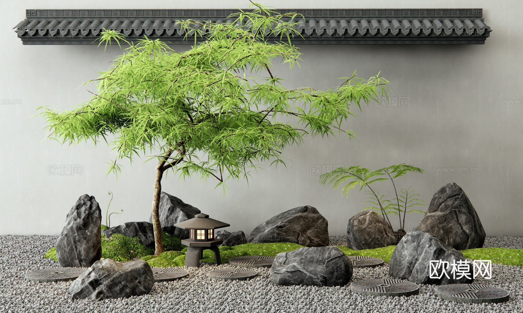 新中式景观石头 汀步 庭院小品 羽毛枫景观树 枯山水 石头su模型
