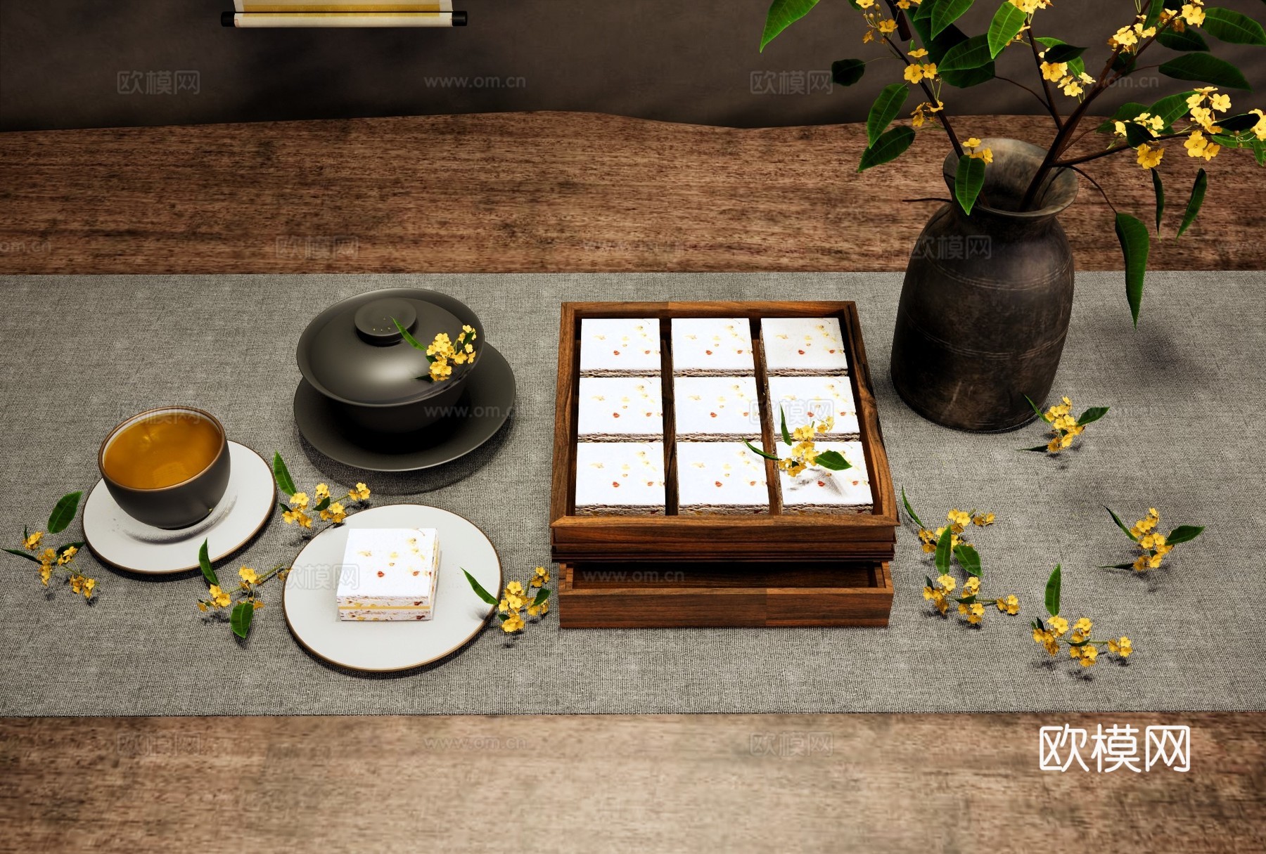 新中式摆件组合 中秋节桂花糕 中式点心糕点 盖碗茶杯 桂花树su模型