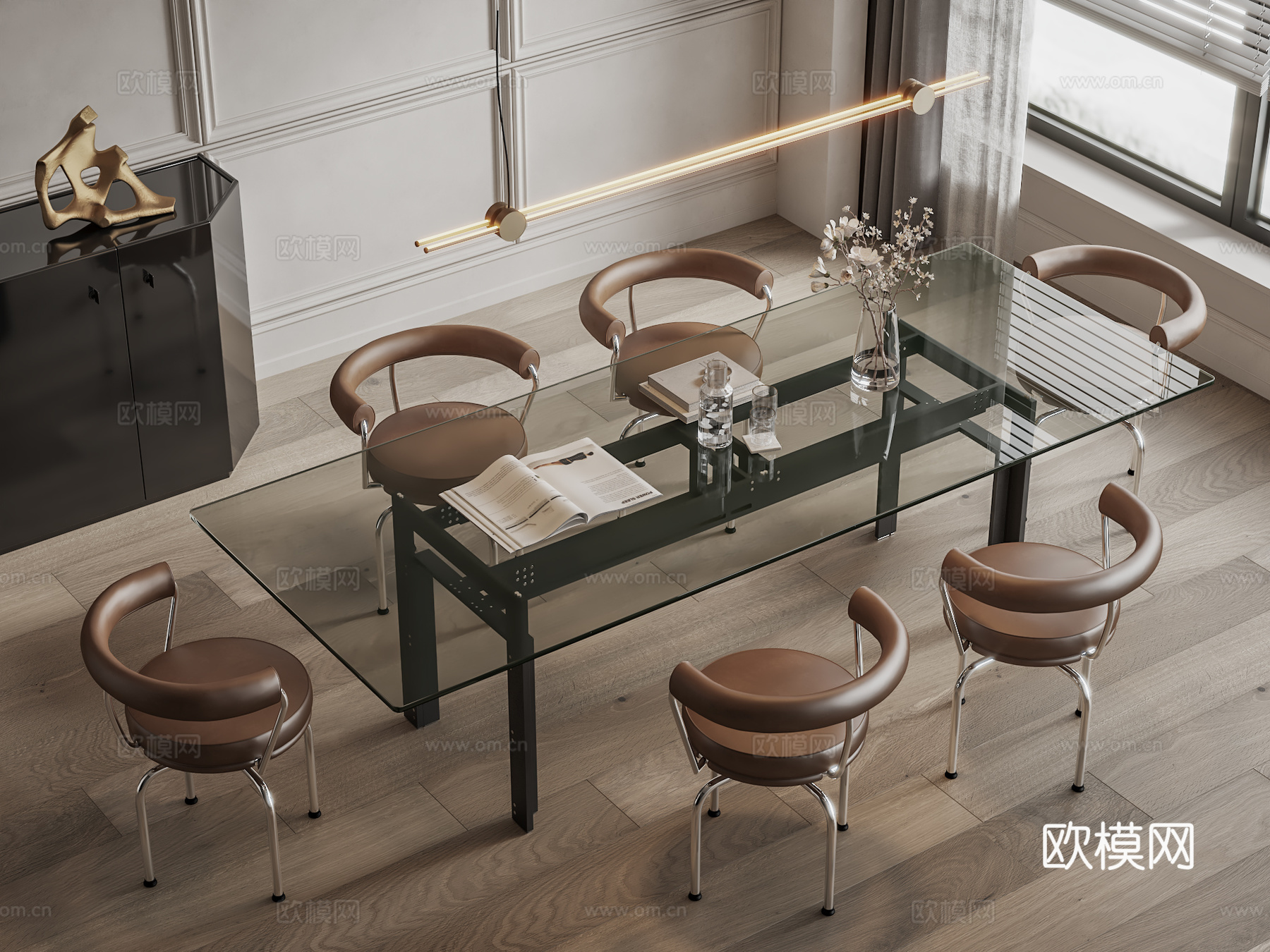 Cassina 现代玻璃餐桌椅组合 长方形餐桌 玻璃餐桌3d模型