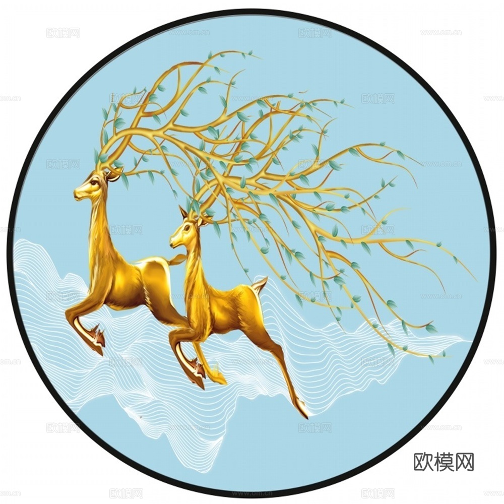 新中式圆形福鹿临门装饰画壁画