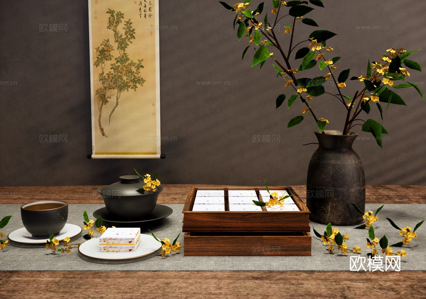新中式摆件组合 中秋节桂花糕 中式点心糕点 盖碗茶杯 桂花树su模型