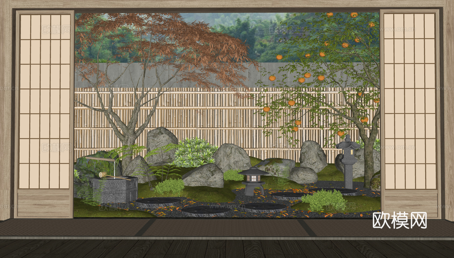 日式禅意庭院景观 汀步 景观石头 枯山水 植物景观 红枫su模型