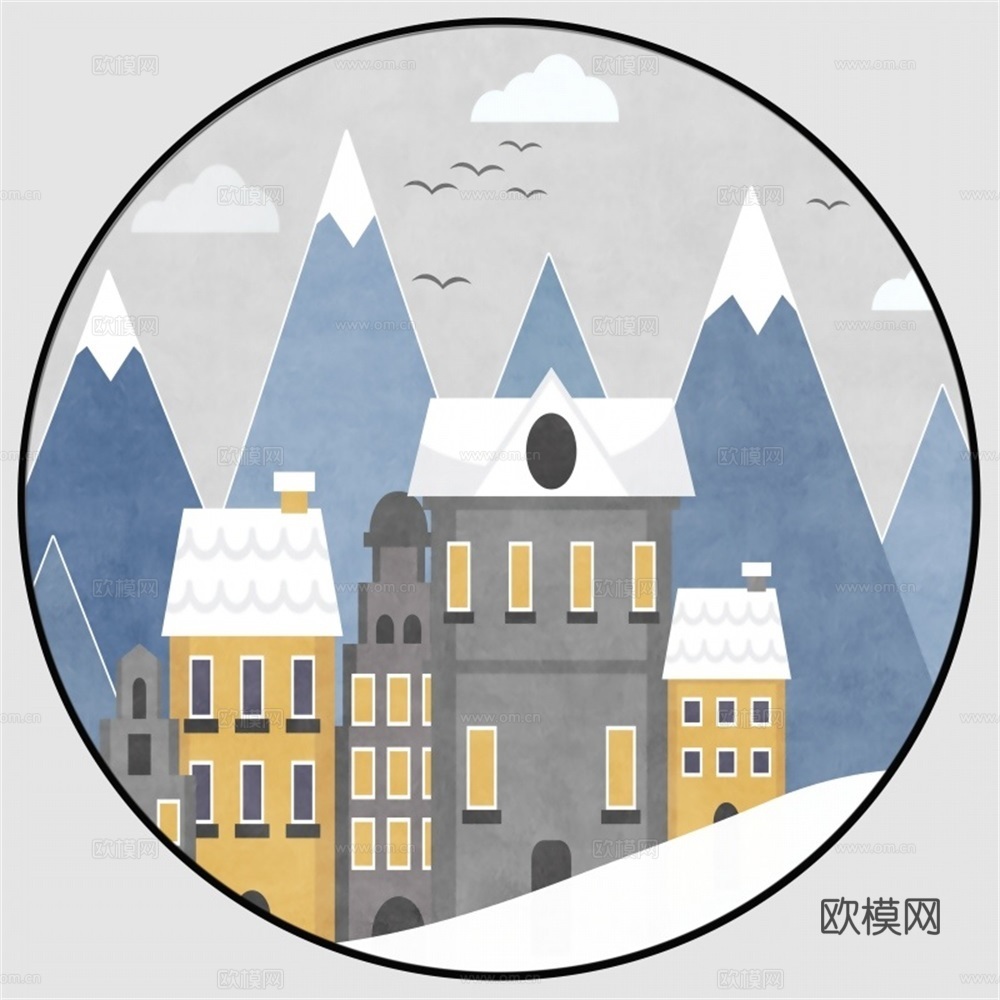 新中式圆形儿童房装饰画壁画