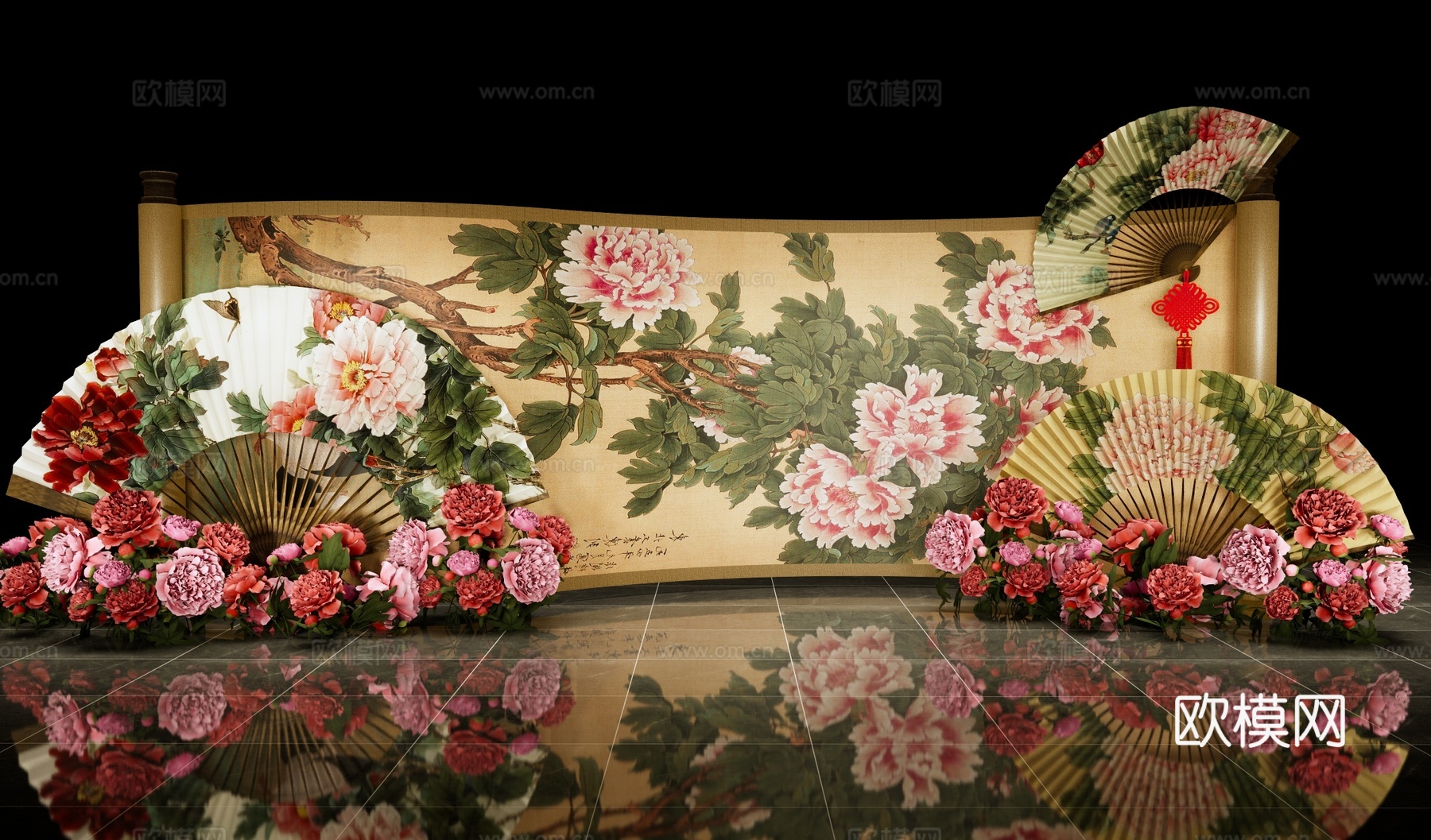新中式美陈 中式创意画轴美陈 国潮牡丹花美陈 中式折扇美陈装su模型