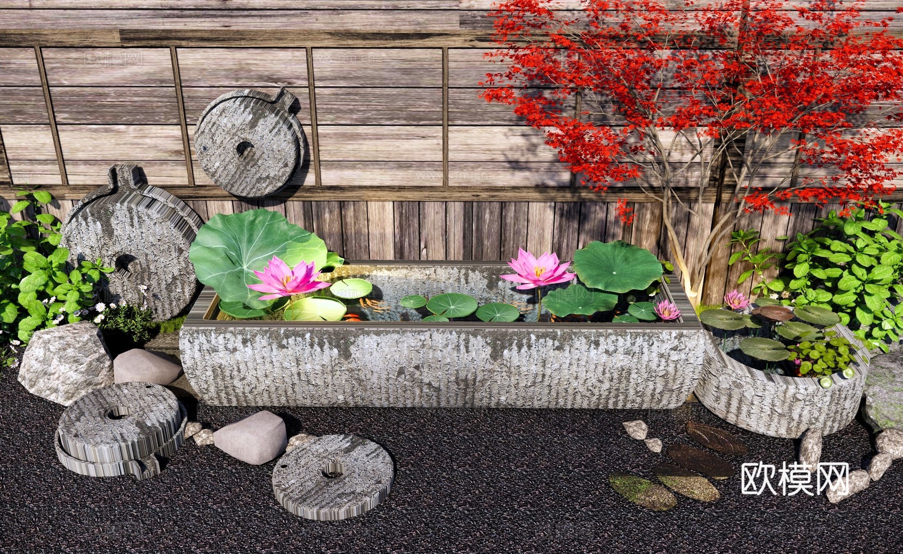 新中式庭院小品 庭院特色石槽水景 石槽石臼水景小品 石磨庭院su模型