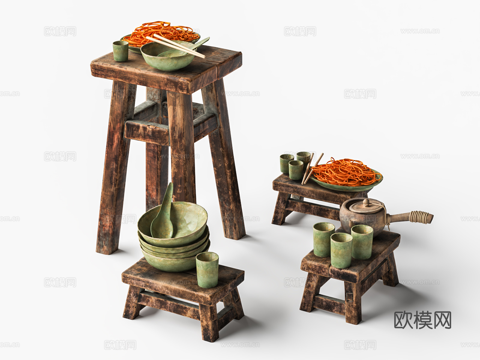 侘寂旧木矮凳 旧木凳 小板凳su模型
