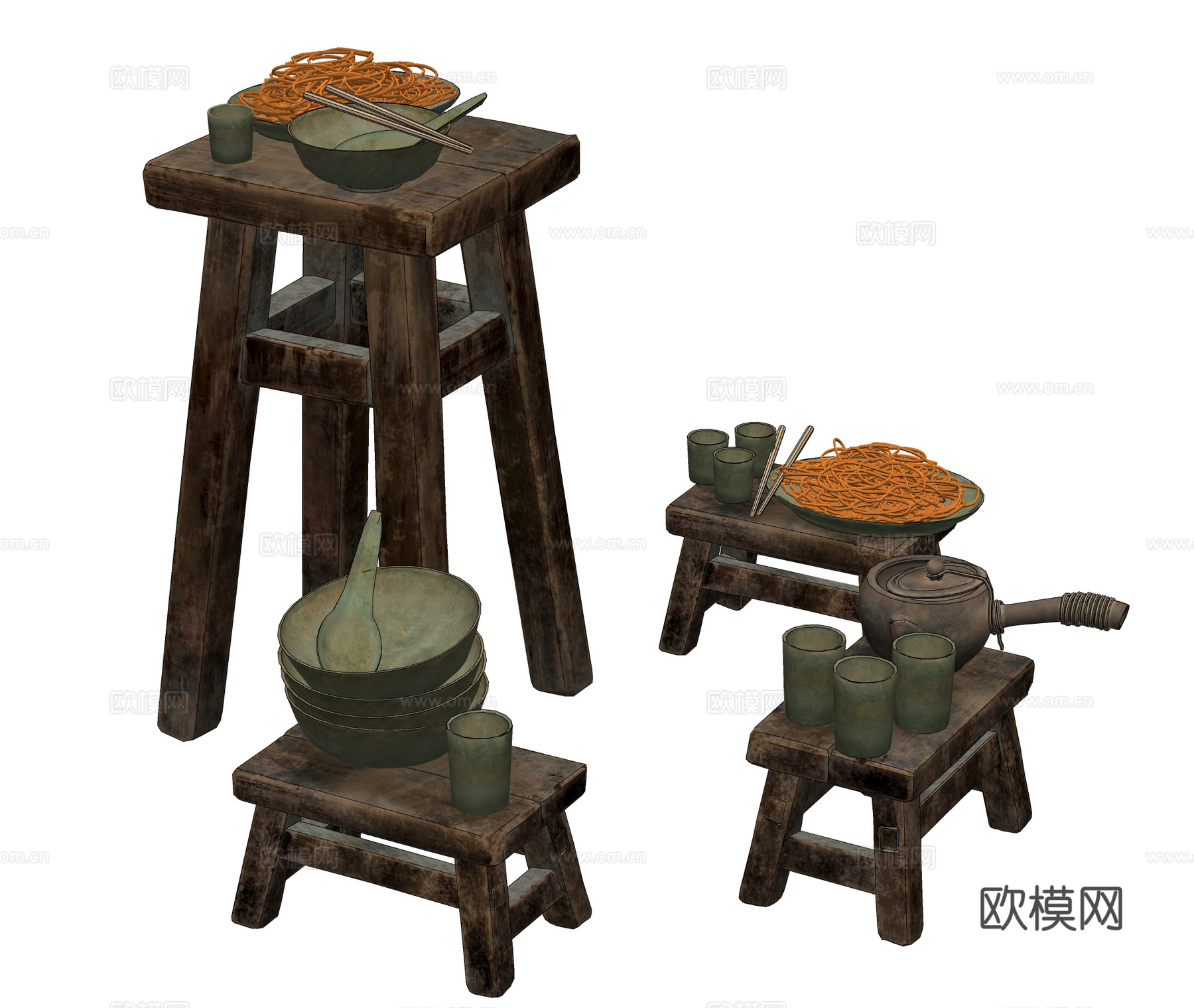 侘寂旧木矮凳 旧木凳 小板凳su模型
