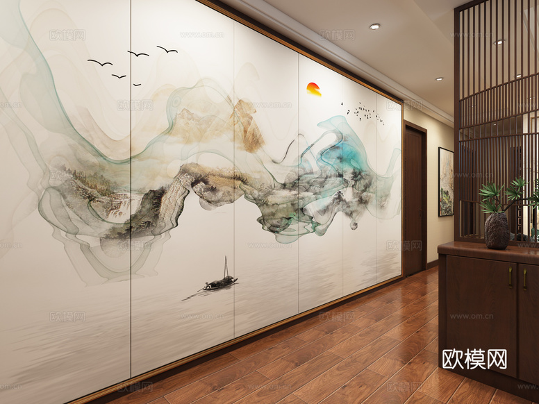 新中式客餐廳3d模型下載(渲染圖1)
