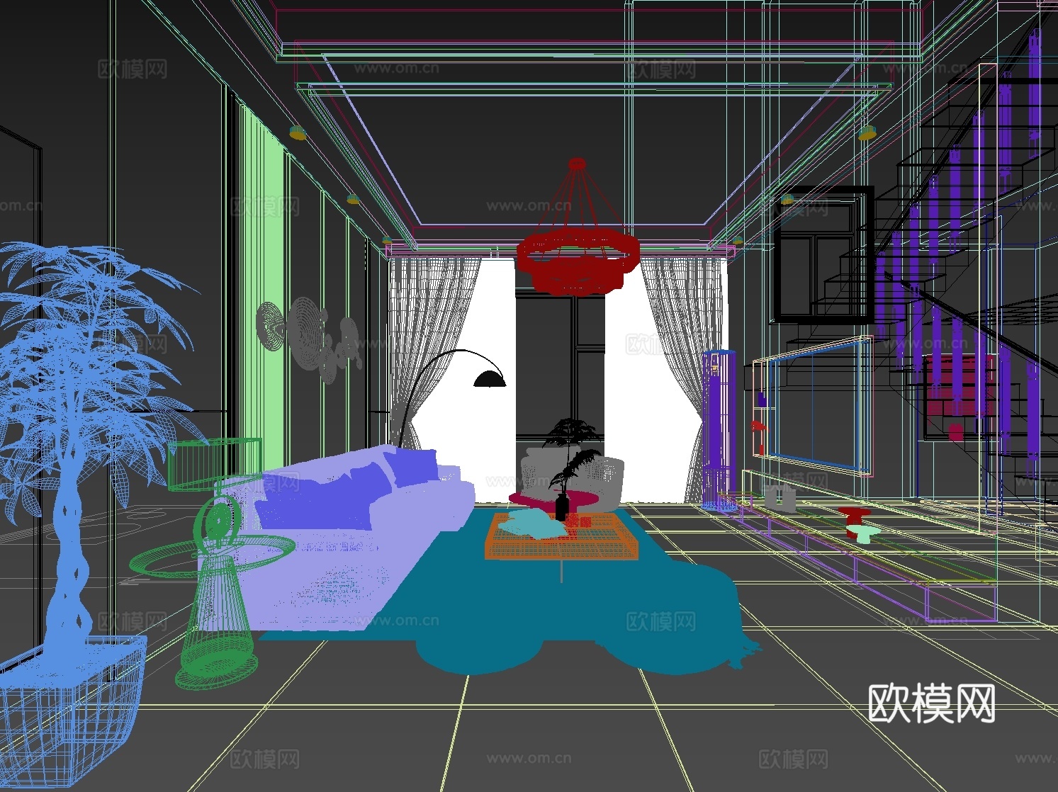 自建房 别墅 客厅 沙发组合 电视背景墙 新中式3d模型