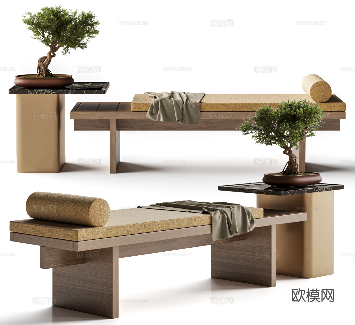 新中式长凳 沙发长凳 床尾凳 角几 盆景3d模型