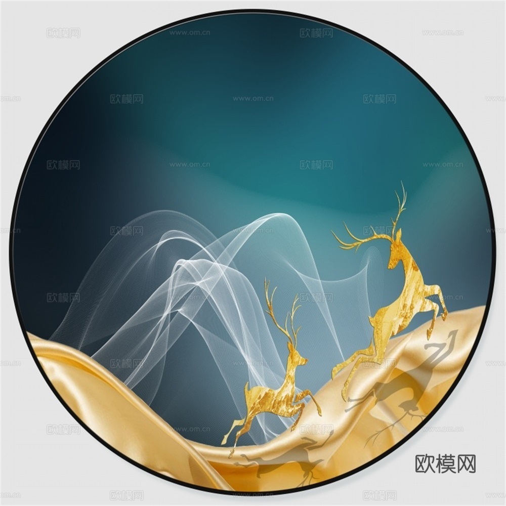 新中式圆形福鹿临门装饰画壁画