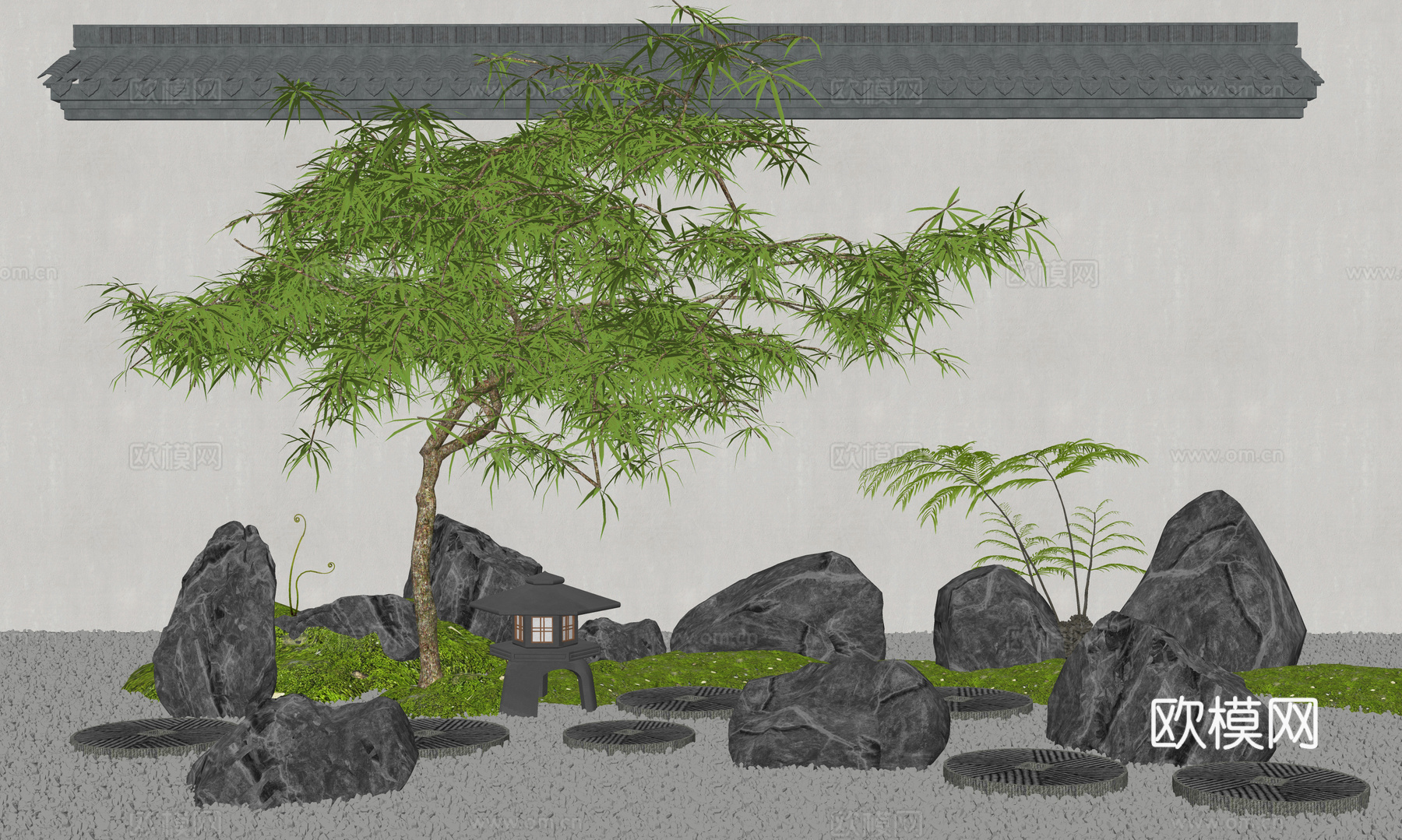 新中式景观石头 汀步 庭院小品 羽毛枫景观树 枯山水 石头su模型
