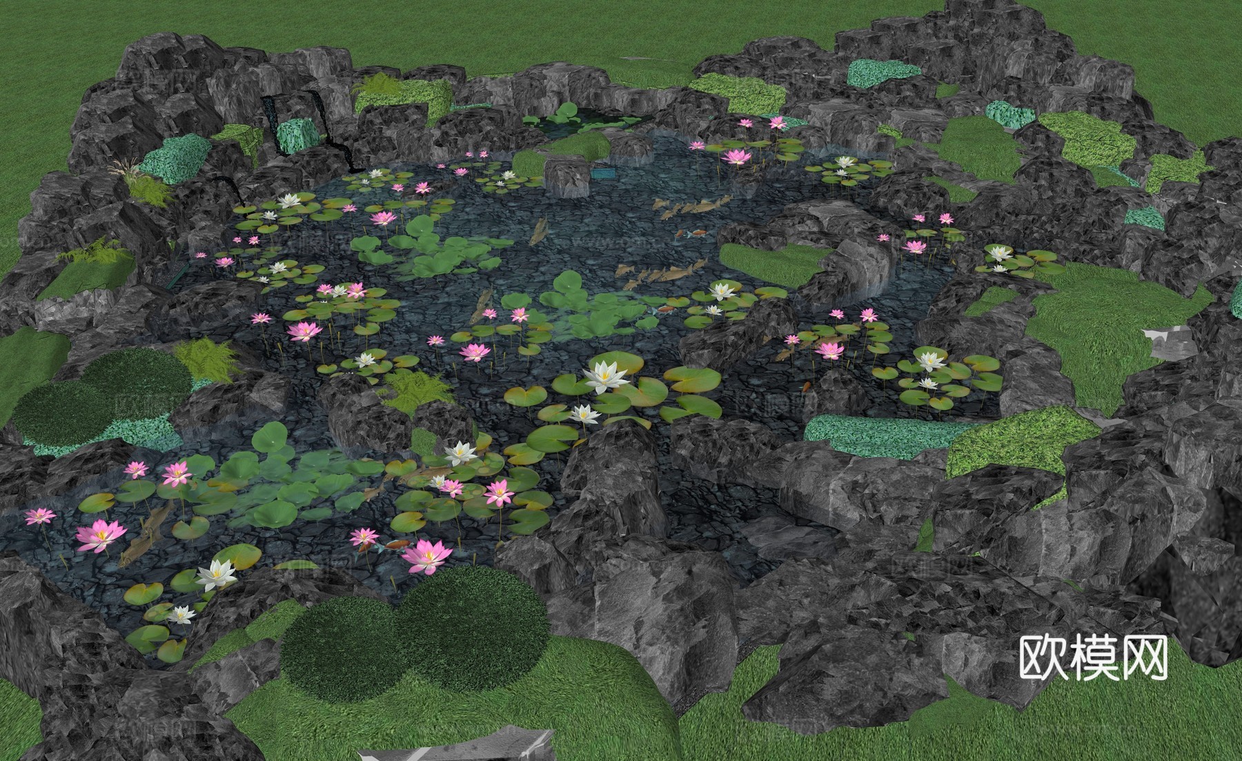 新中式水景 现代荷塘滨水公园 荷花池塘 假山叠石 锦鲤池荷花su模型