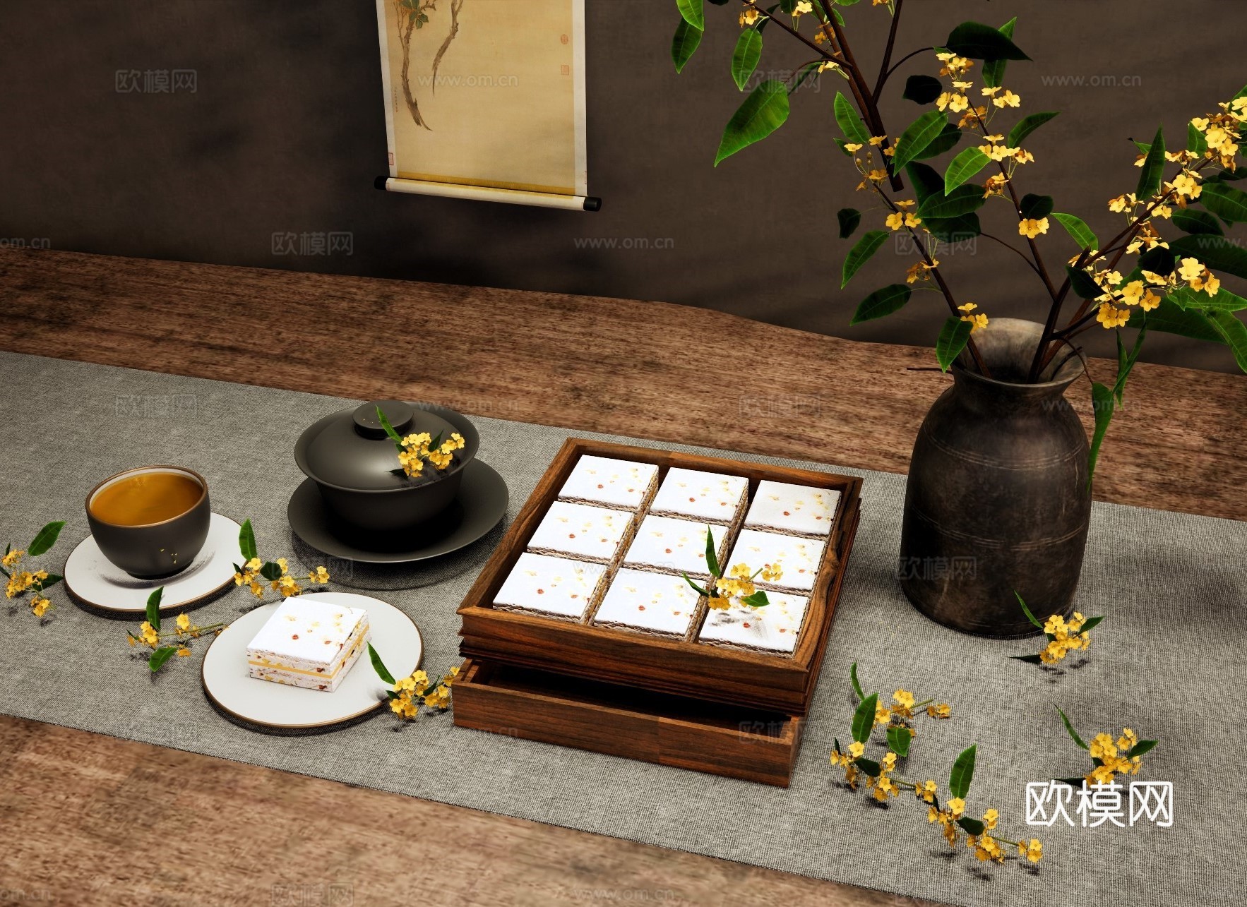 新中式摆件组合 中秋节桂花糕 中式点心糕点 盖碗茶杯 桂花树su模型