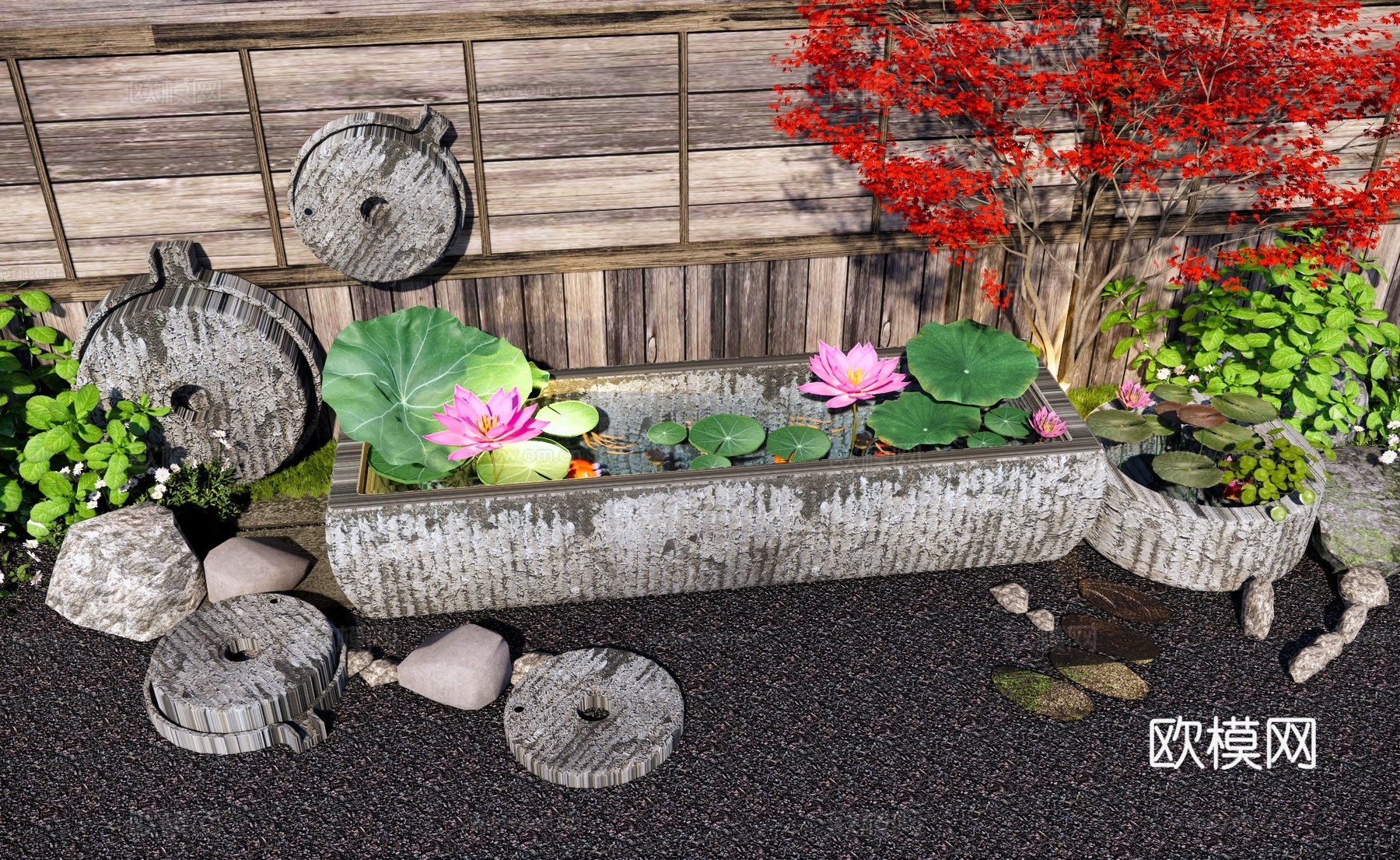 新中式庭院小品 庭院特色石槽水景 石槽石臼水景小品 石磨庭院su模型