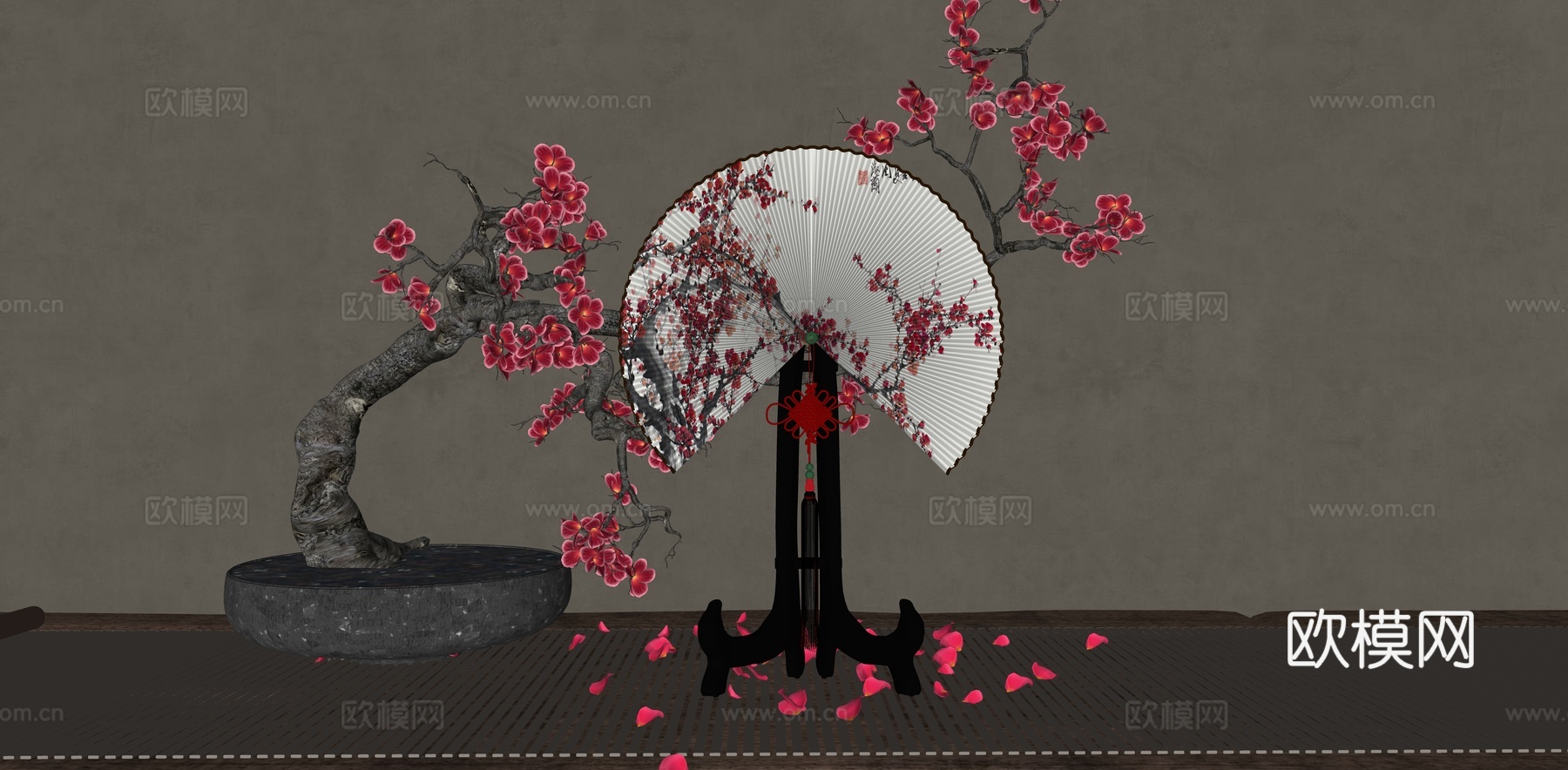新中式摆件组合 新中式折扇摆件 红梅花盆栽摆件 中式圆扇摆件su模型
