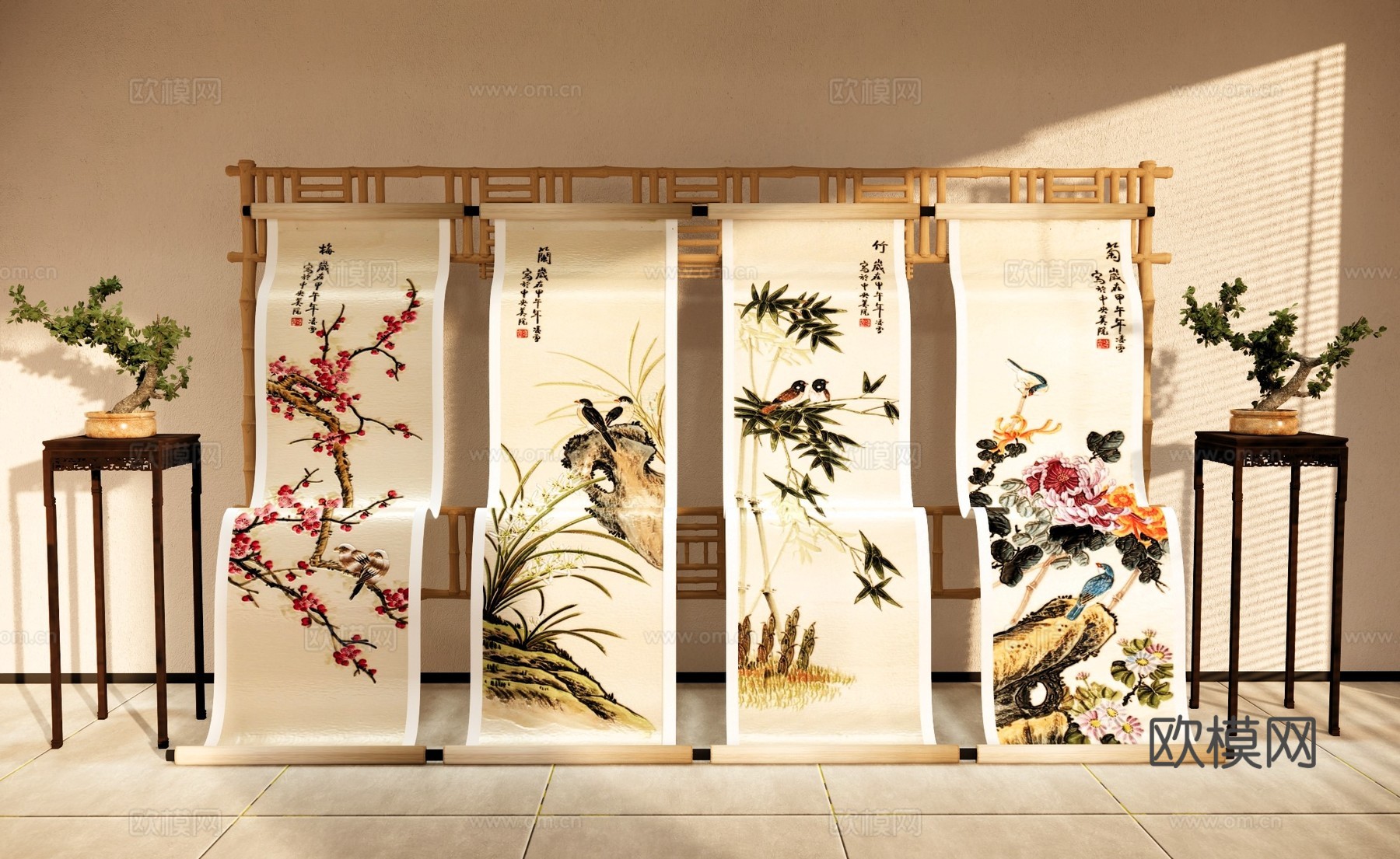 新中式美陈 中式卷轴画轴美陈 梅兰竹菊画轴装置 国风创意画轴su模型