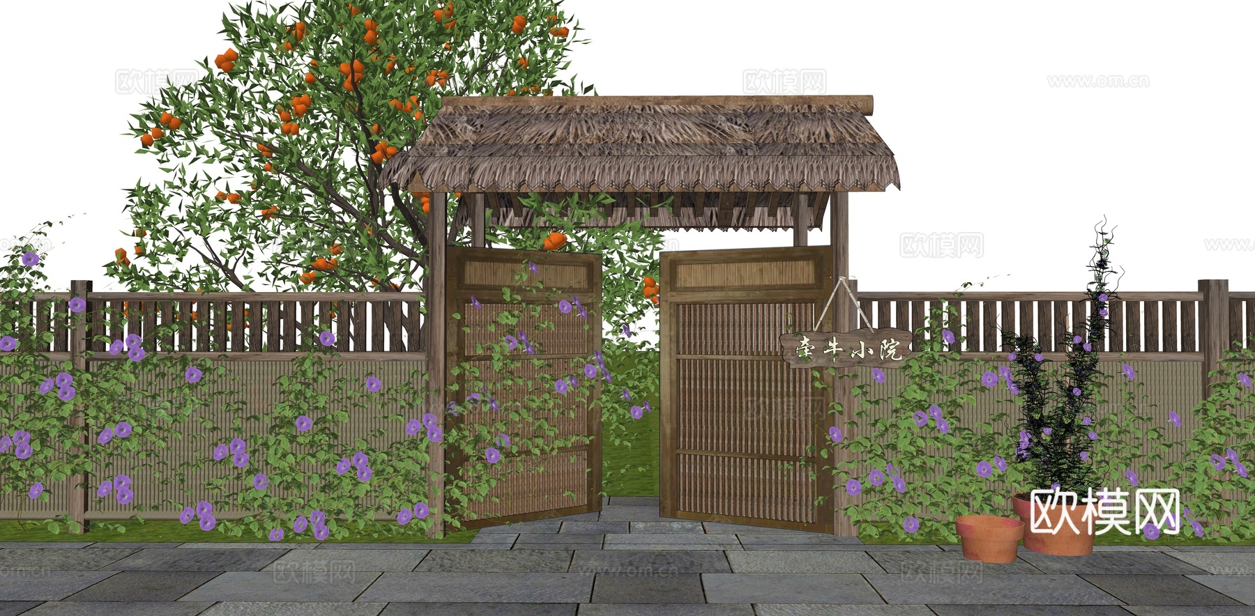 新中式其他景观小建筑 中式乡村庭院门 民宿花园小院门 牵牛花su模型