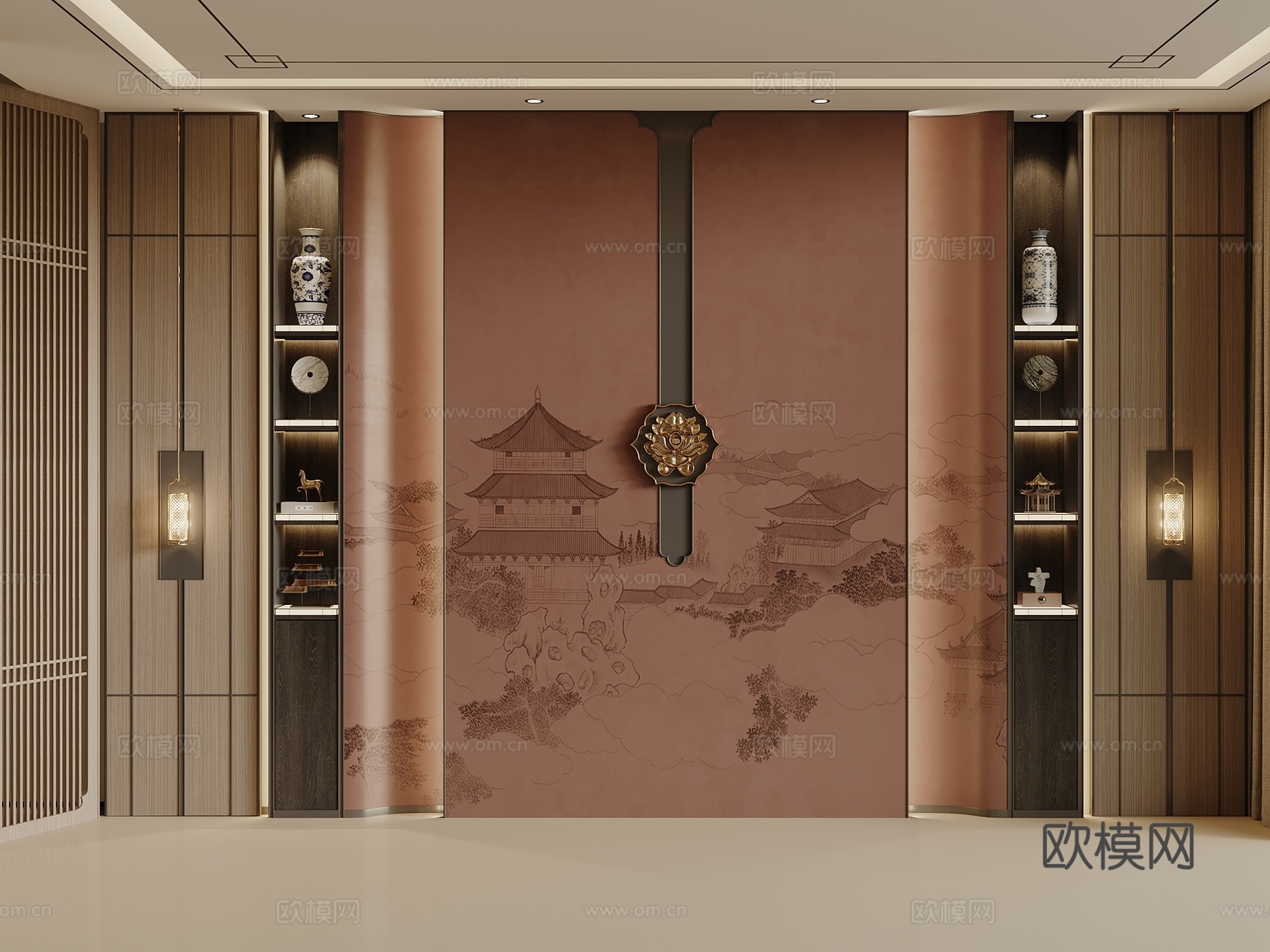 新中式书柜 装饰背景墙 沙发背景墙3d模型
