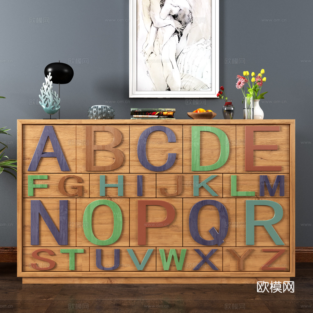 现代 字母边柜斗柜饰品挂画3d模型
