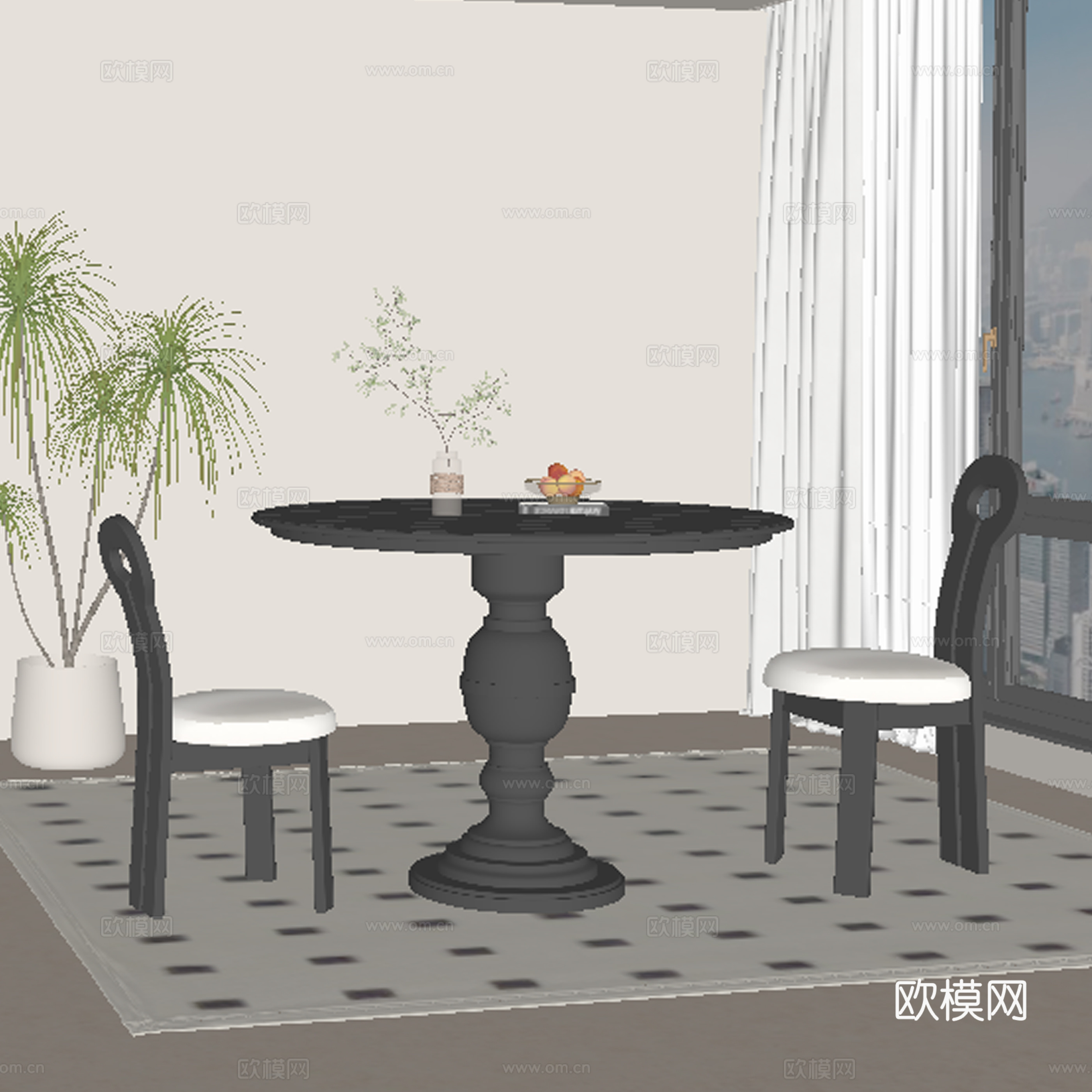 现代中古餐桌椅su模型