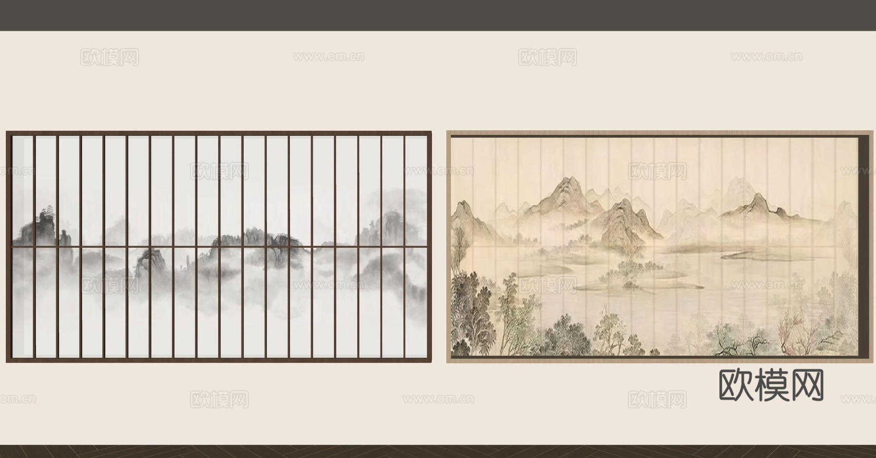 新中式展示墙 山水画展示墙 茶室背景墙 美容院展示墙 山水画su模型