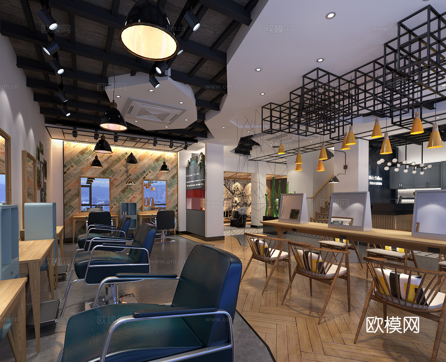 工业风理发店吊灯 吧椅 台灯 植物 椅子 躺椅 壁灯 装饰品3d模型
