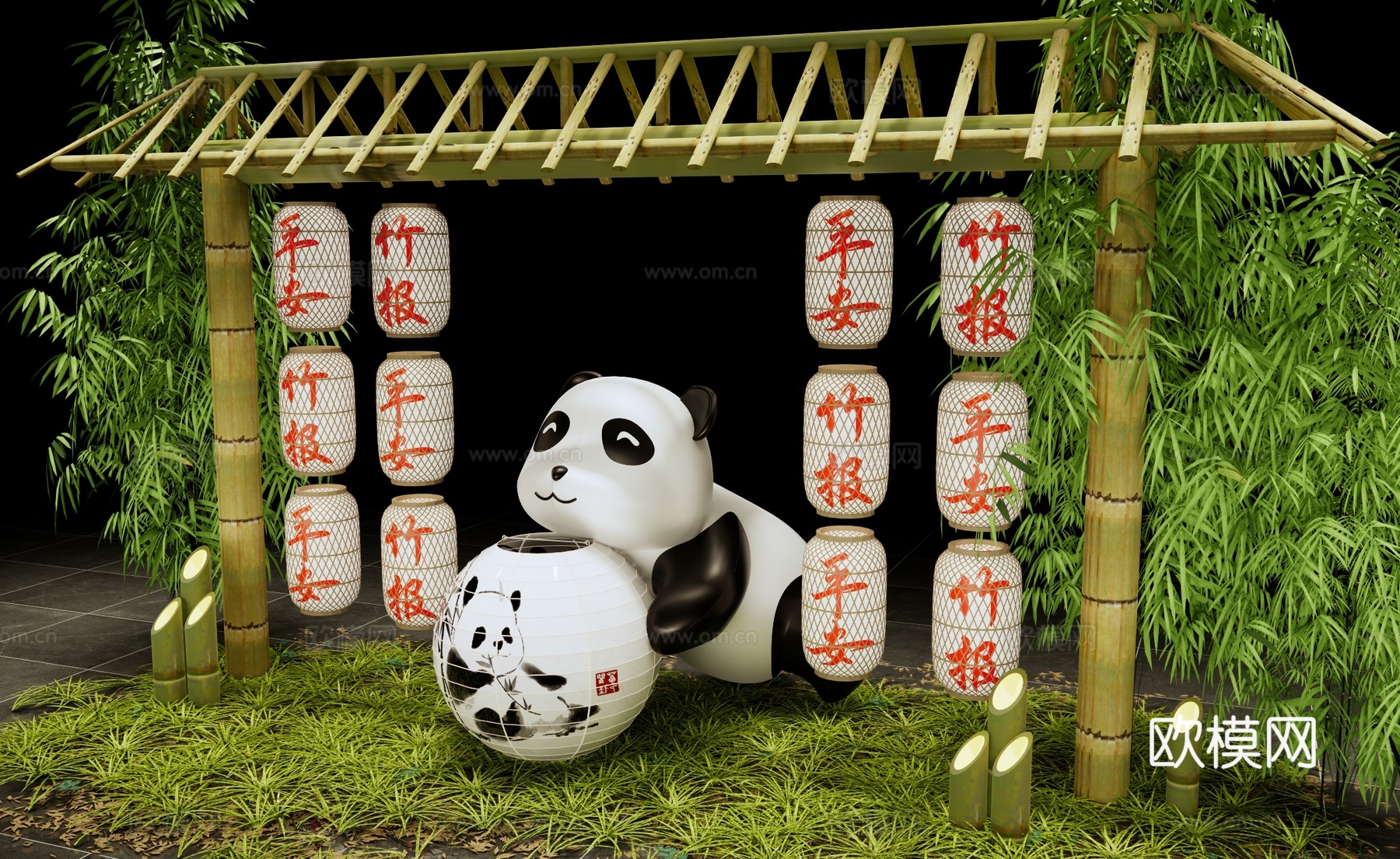新中式美陈 竹灯笼美陈布置 竹文化主题美陈 熊猫雕塑景观小品su模型