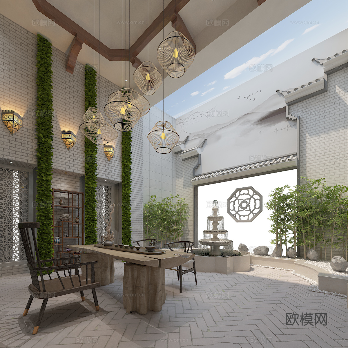 新中式花园露台 新中式桌椅组合3d模型