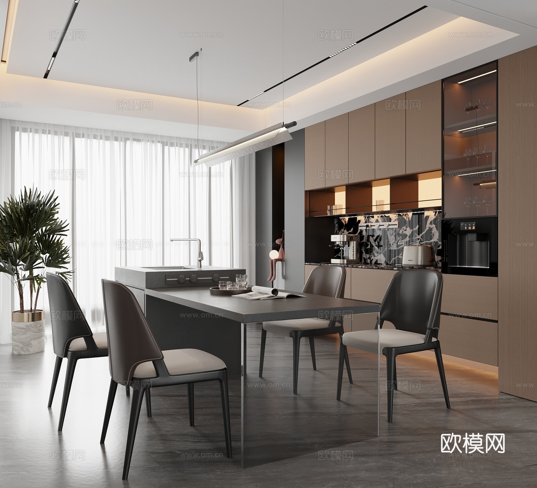 现代意式餐厅 餐桌椅 餐边柜3d模型