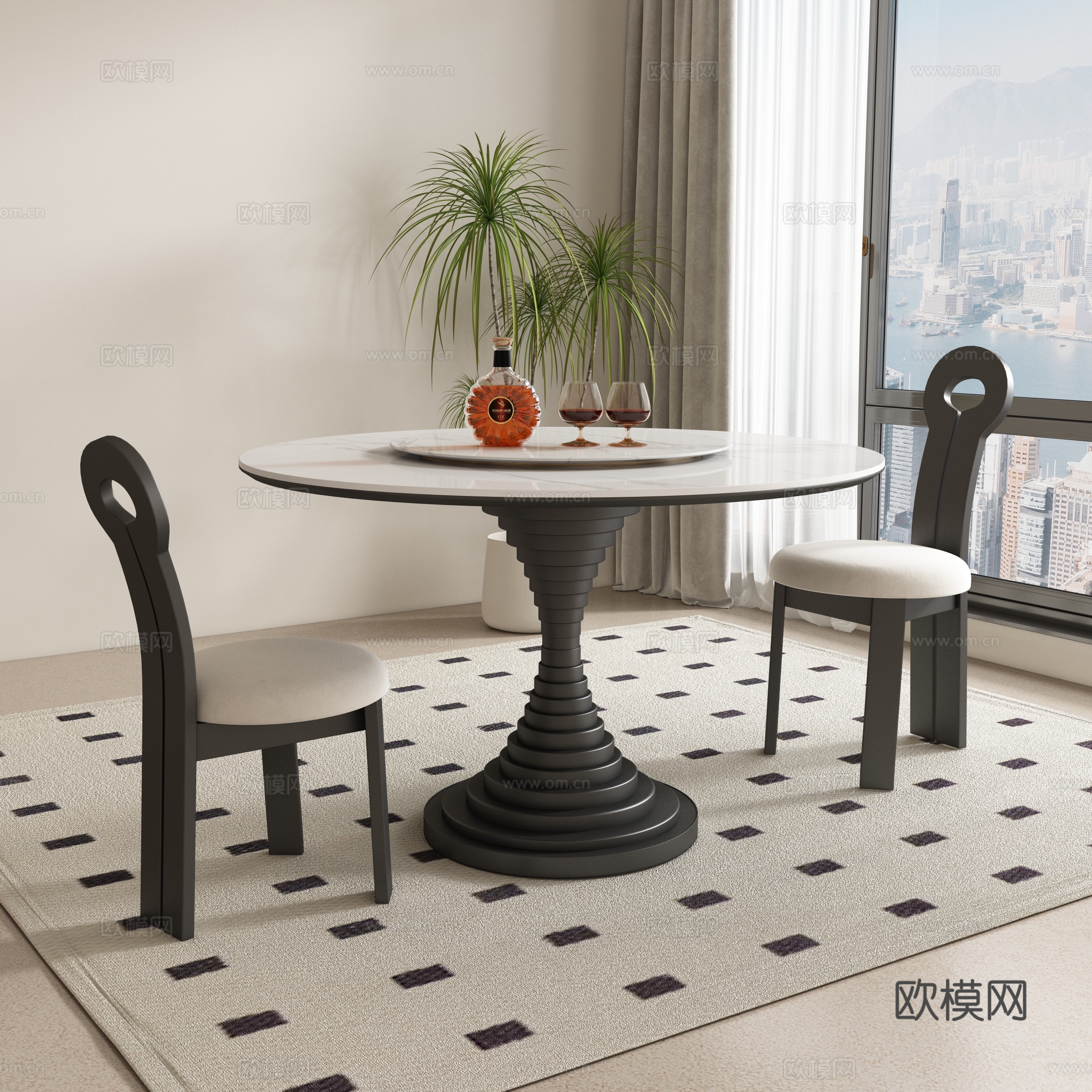 现代中古餐桌椅su模型