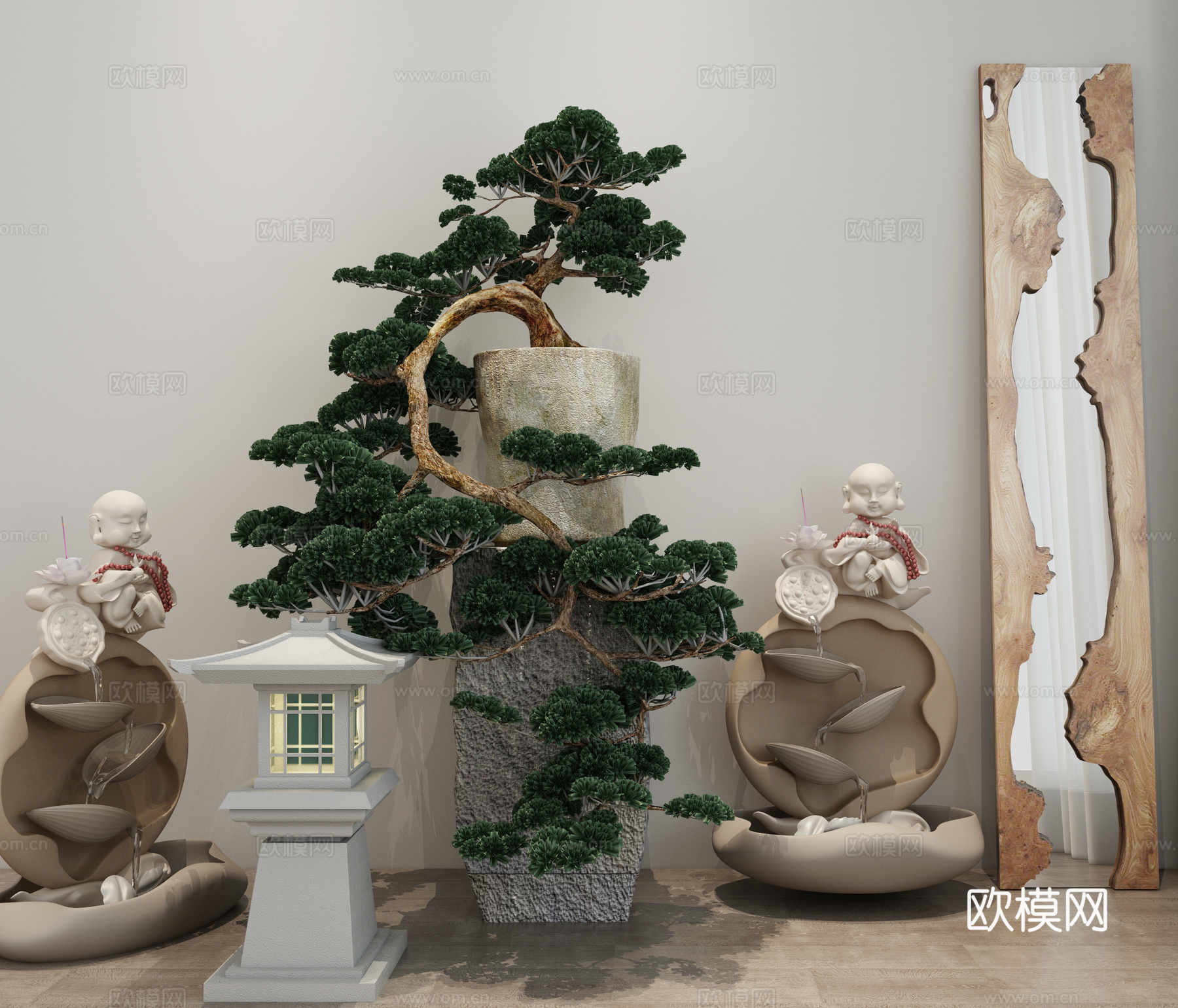 新中式流水雕塑 盆景 石灯 老木头 大板板件3d模型