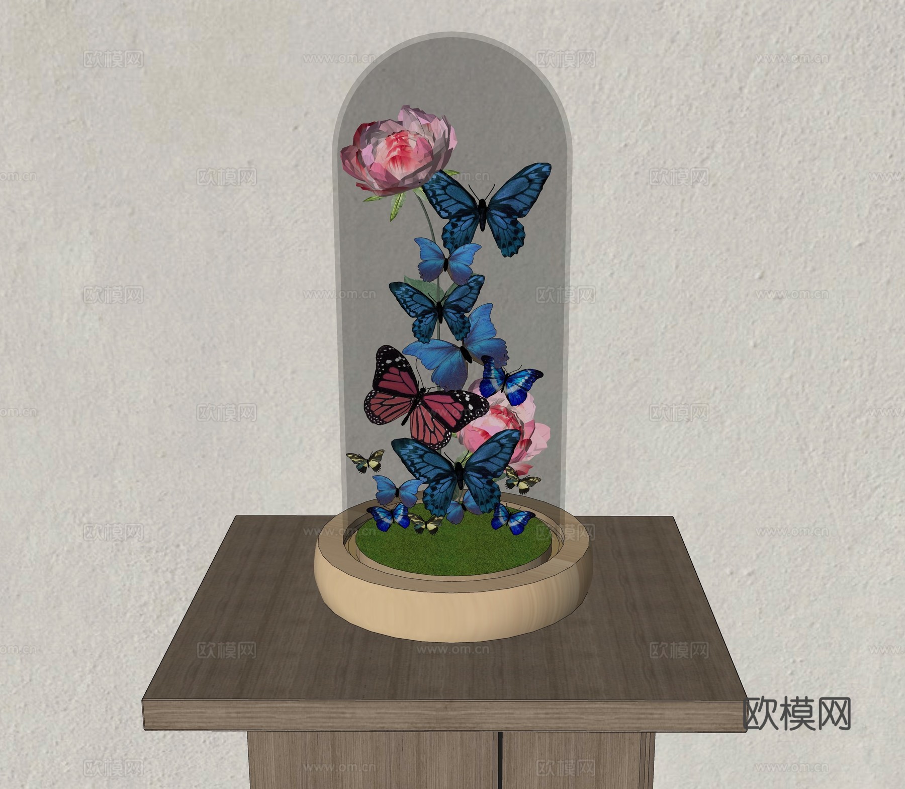 现代摆件组合 蝴蝶花丛玻璃罩 蝴蝶艺术装置 蝴蝶花丛饰品摆件su模型