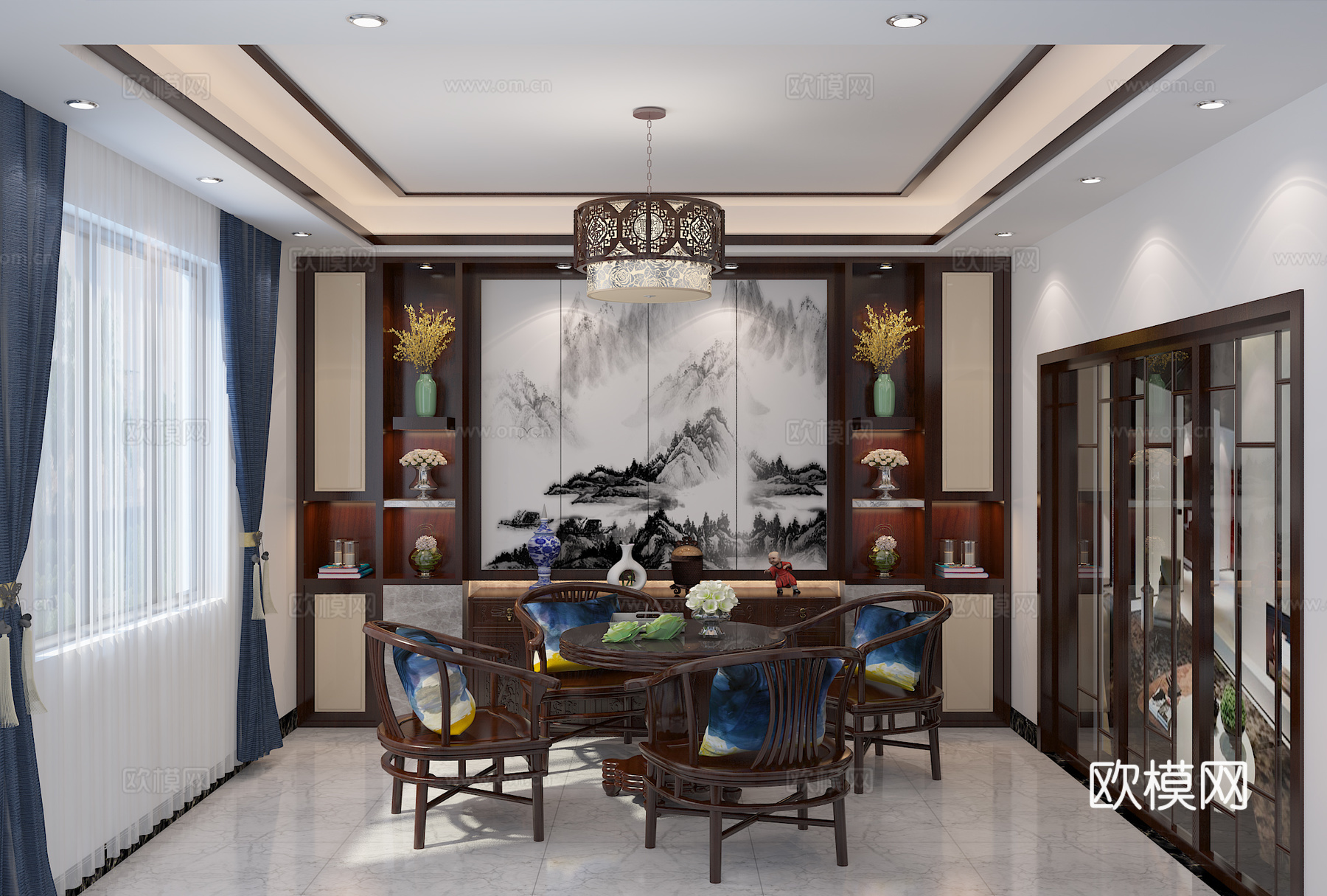 新中式餐厅 吊灯 餐桌椅 置物架 背景墙3d模型