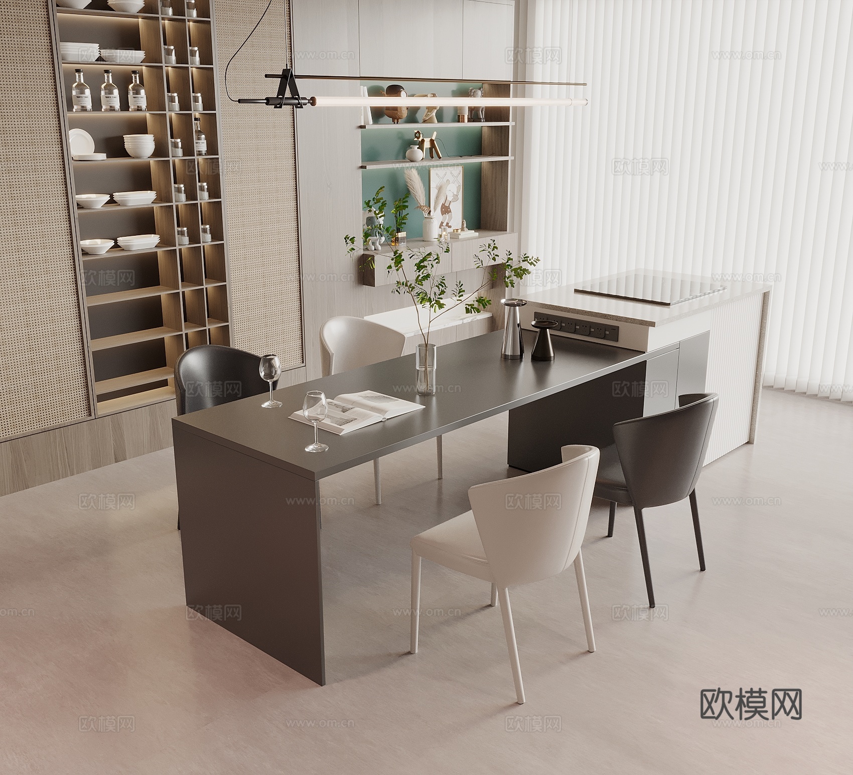 包豪斯餐厅 现代餐厅 岛台餐厅 酒柜 餐边柜 岛台 餐厅吊灯3d模型