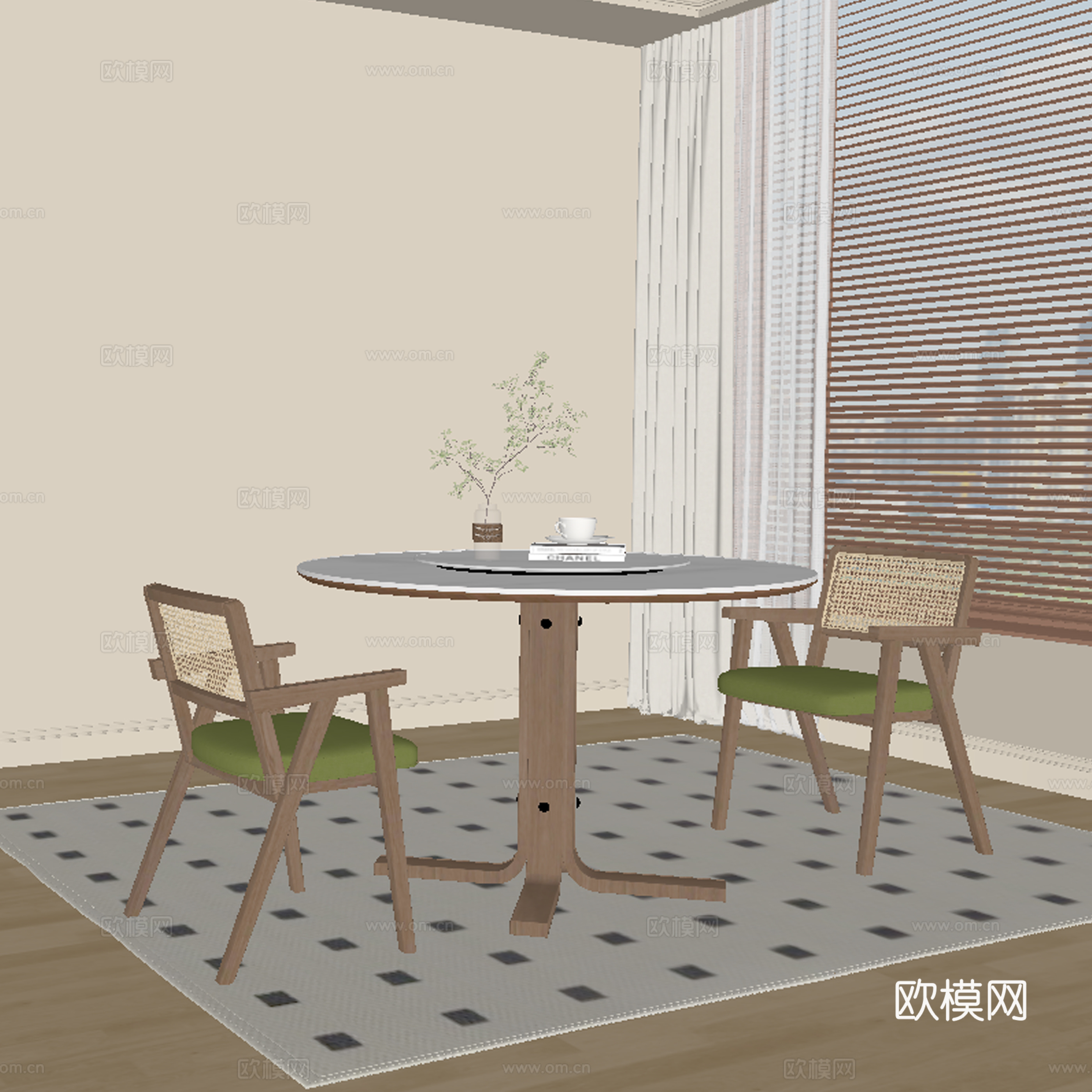 现代中古餐桌椅su模型