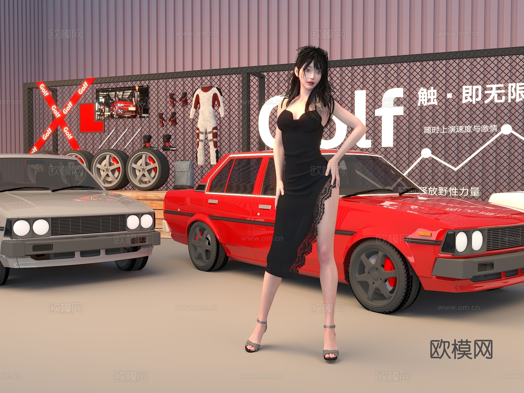 网红墙 合影墙 美陈打卡区 汽车布置 复古老车 模特3d模型