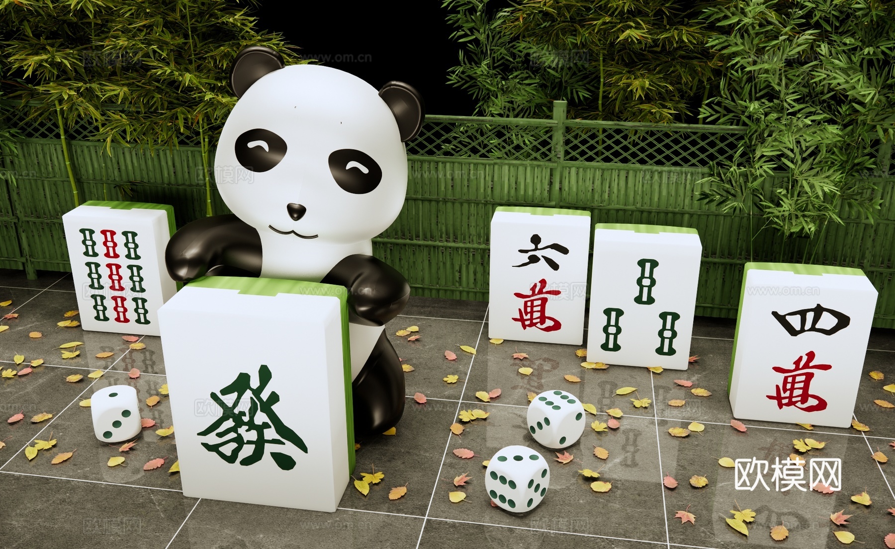 熊猫打麻将美陈 雀神熊猫美陈 麻将熊猫雕塑小品 熊猫茶馆su模型