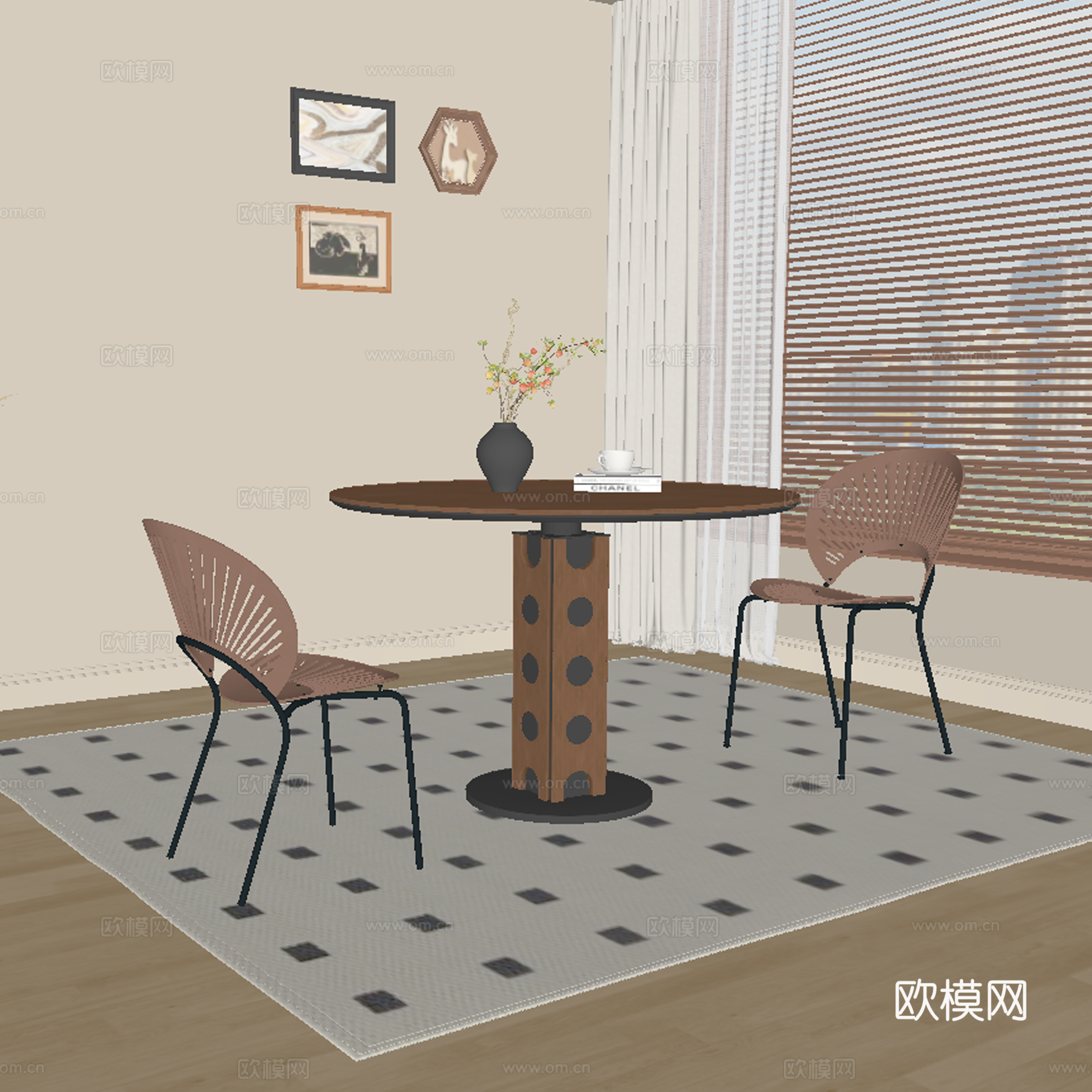 现代中古餐桌椅su模型