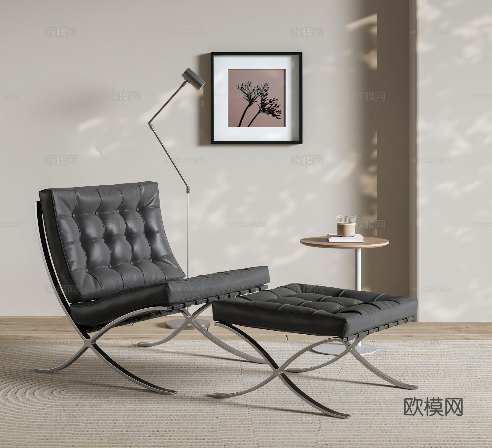 Knoll Barcelona 沙发椅脚踏组合 皮革休闲椅3d模型
