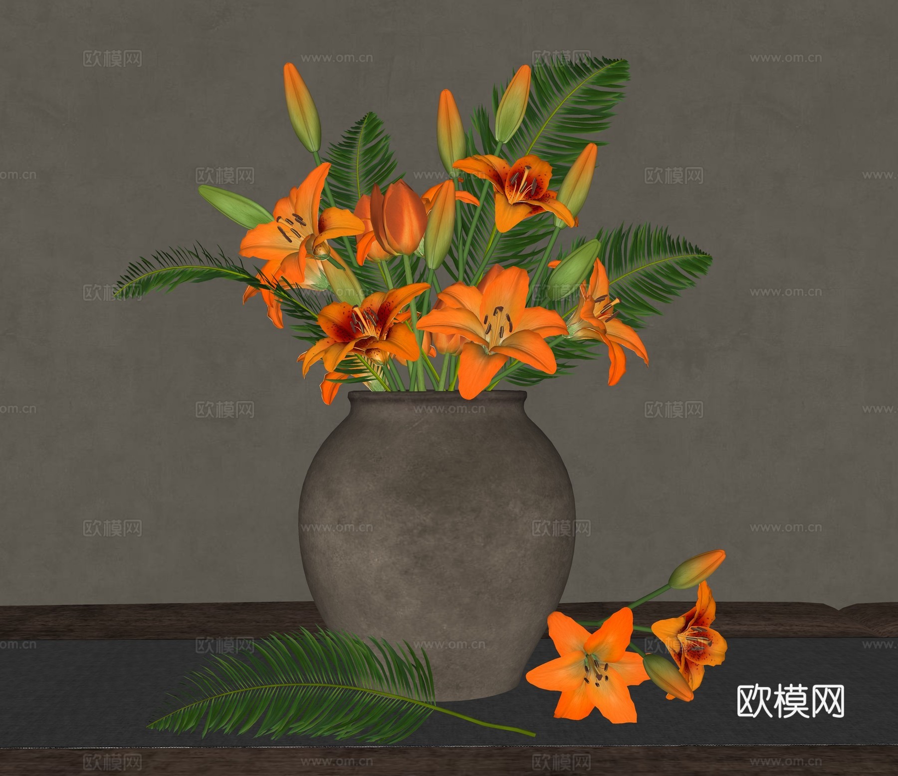 新中式花艺 橙色百合花插花 陶瓷陶罐插花 新中式花瓶花艺su模型