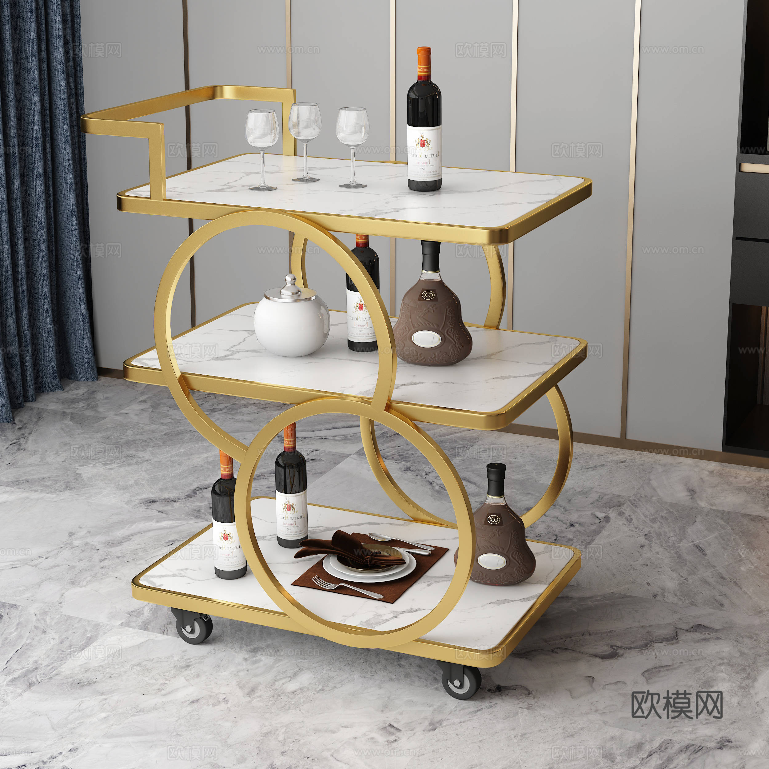 室内餐厅餐车手推车金色3d模型